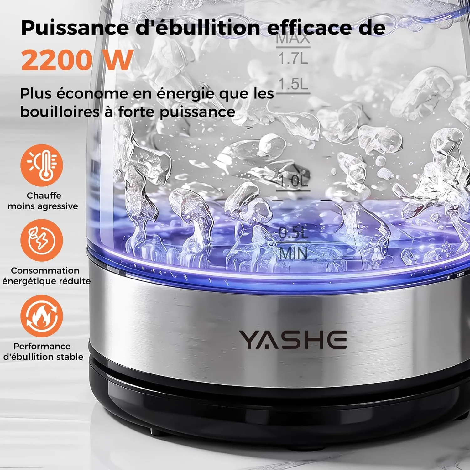 YASHE Bouilloire Électrique Verre 1,7L 2200W LED Bleue
