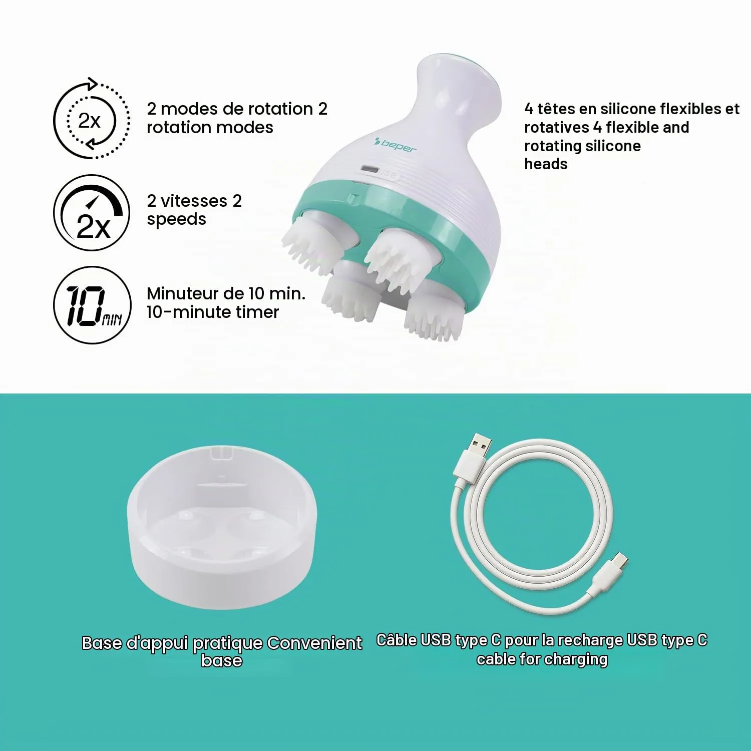 Beper P302MAS150 masseur tête et corps 4 têtes silicone