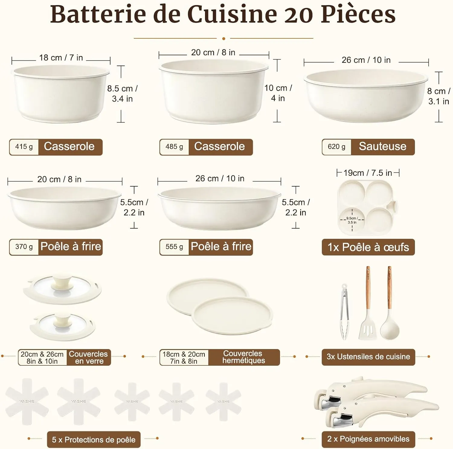 YASHE Set 20 Pièces Poêles Casseroles Antiadhésives Noir Granit