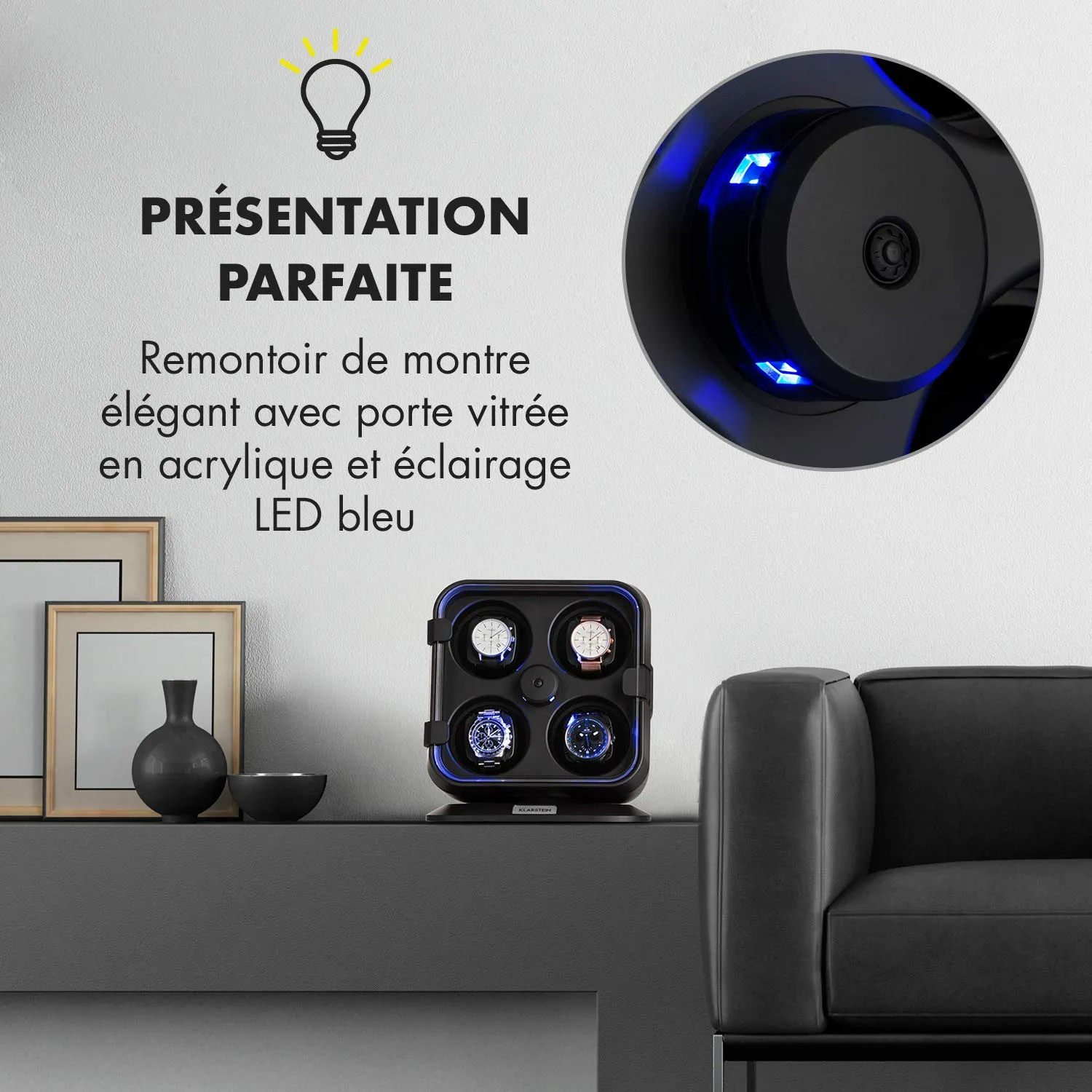 Klarstein remontoir montre automatique 4 montres noir LED bleue