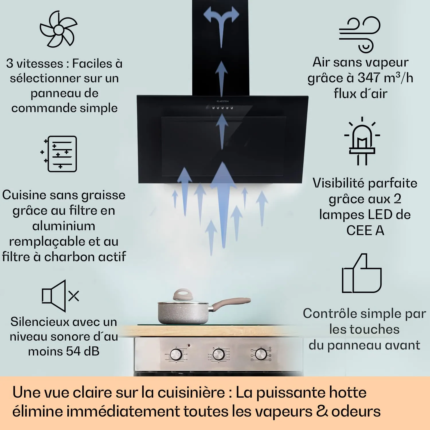 Klarstein hotte aspirante inclinée 60 cm noire 347 m³/h