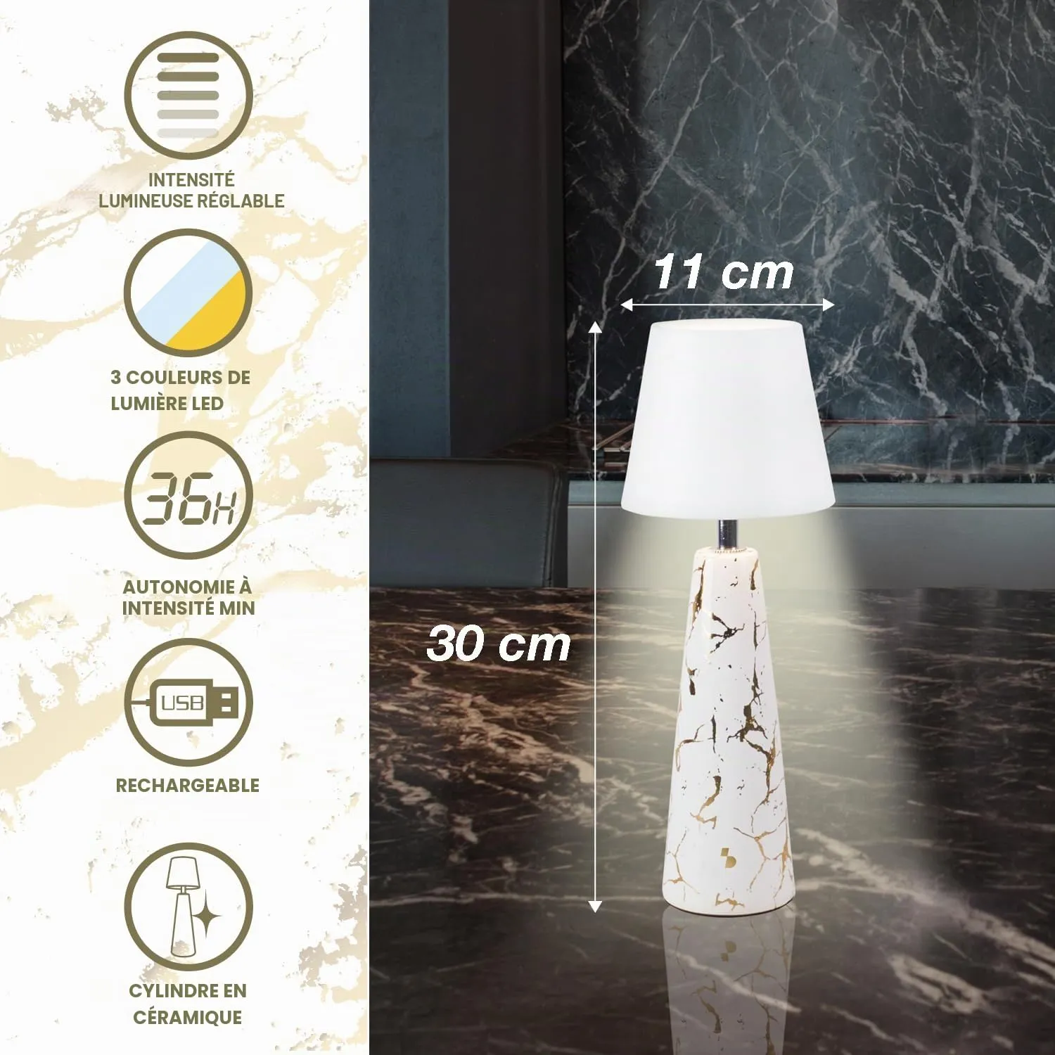 Beper Marble P207ILI500 lampe de table marbre blanc 3 couleurs