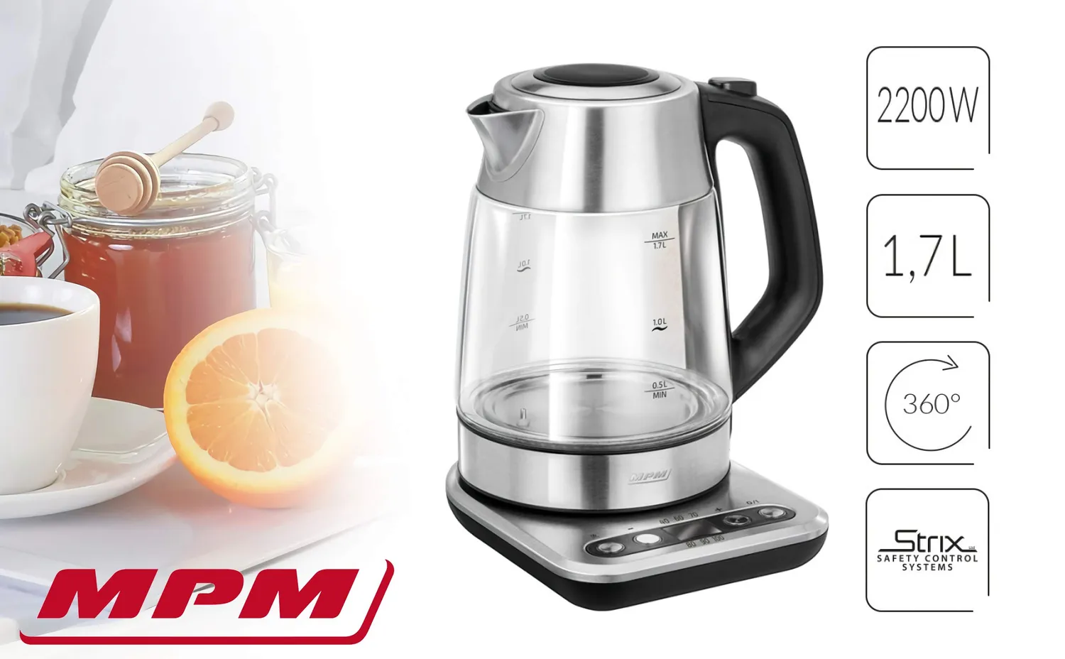 MPM MCZ-97 bouilloire verre 1,7 L température réglable
