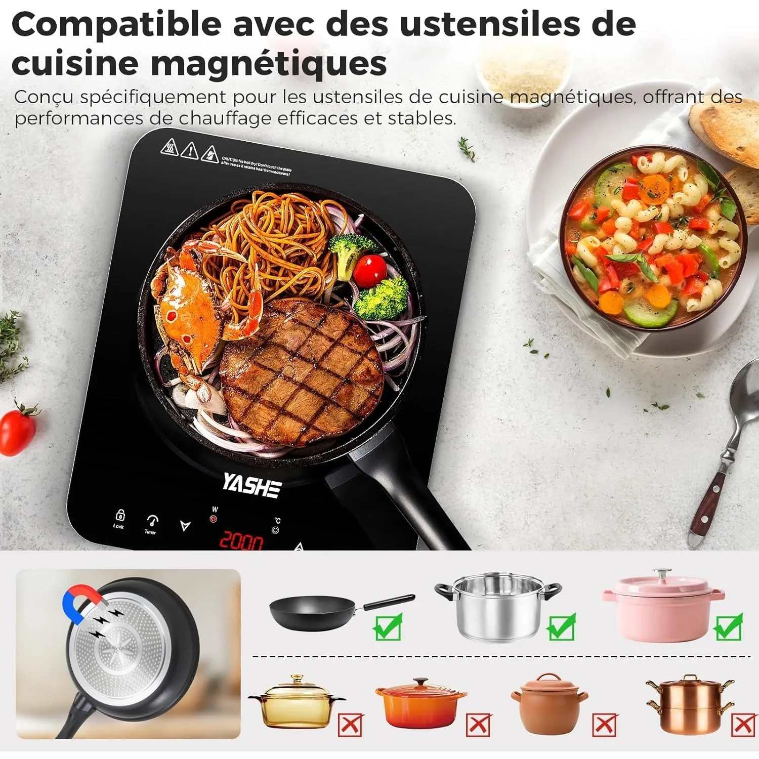 YASHE plaque induction portable 2000 W 10 puissances