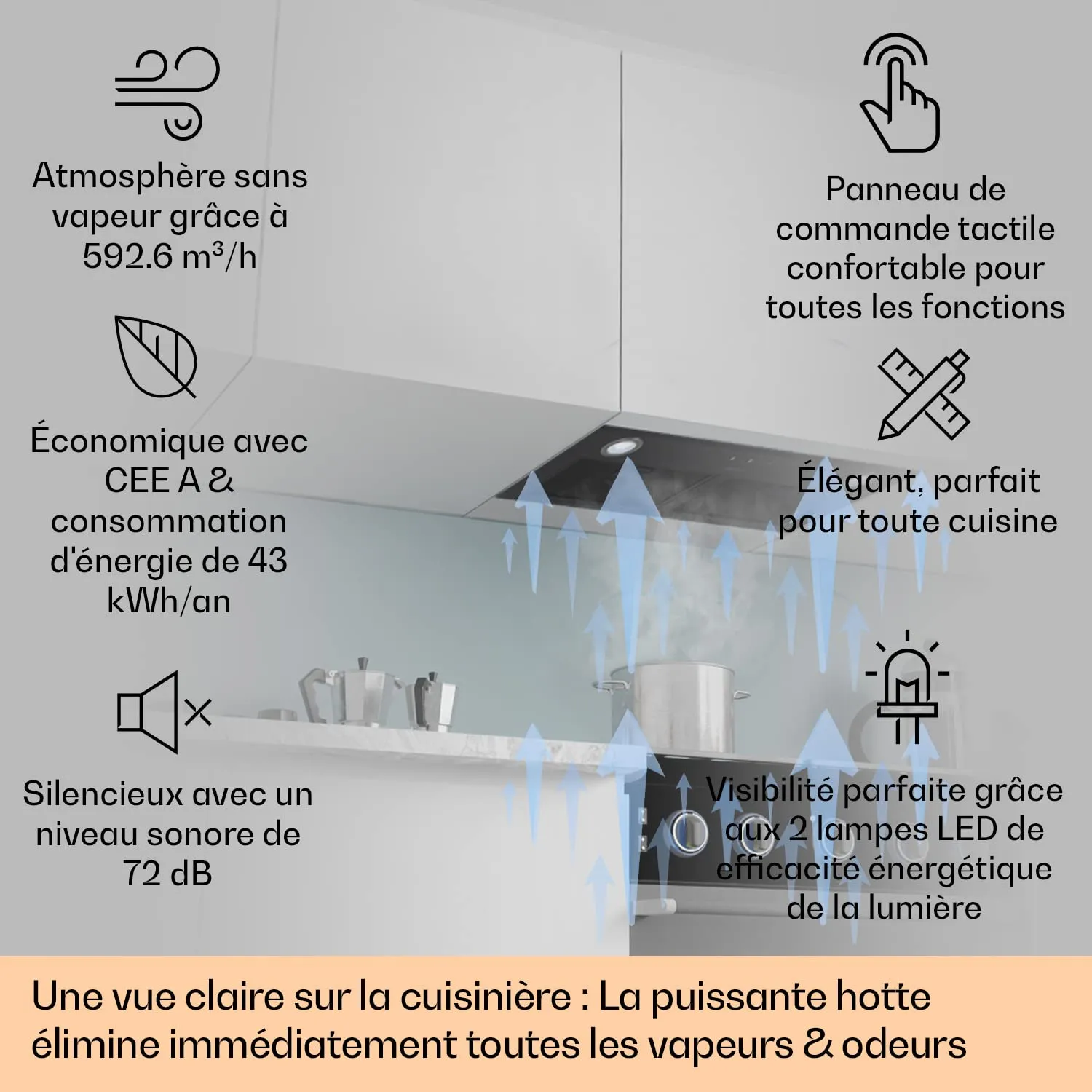Klarstein hotte murale silencieuse 592 m³/h LED tactile