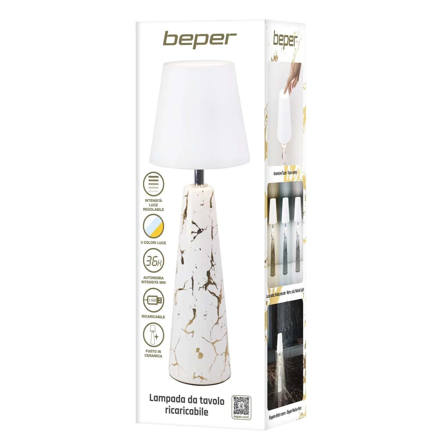 Beper Marble P207ILI500 lampe de table marbre blanc 3 couleurs
