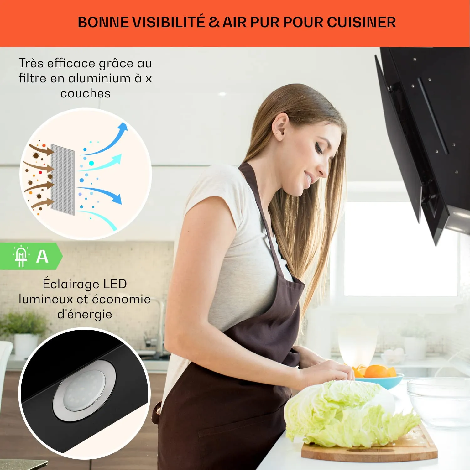 Klarstein hotte aspirante inclinée 60cm noir 595m³/h LED