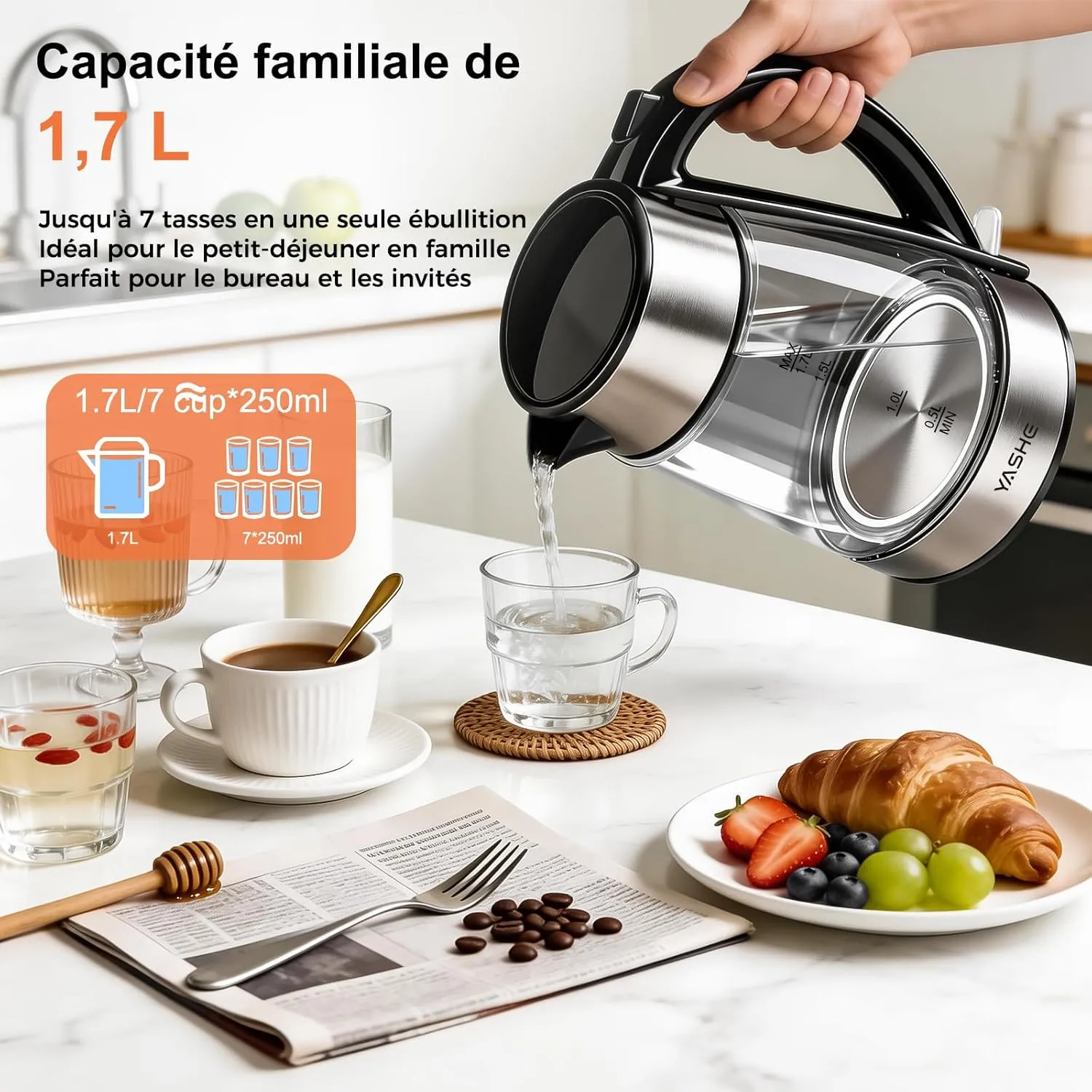 YASHE Bouilloire Électrique Verre 1,7L 2200W LED Bleue
