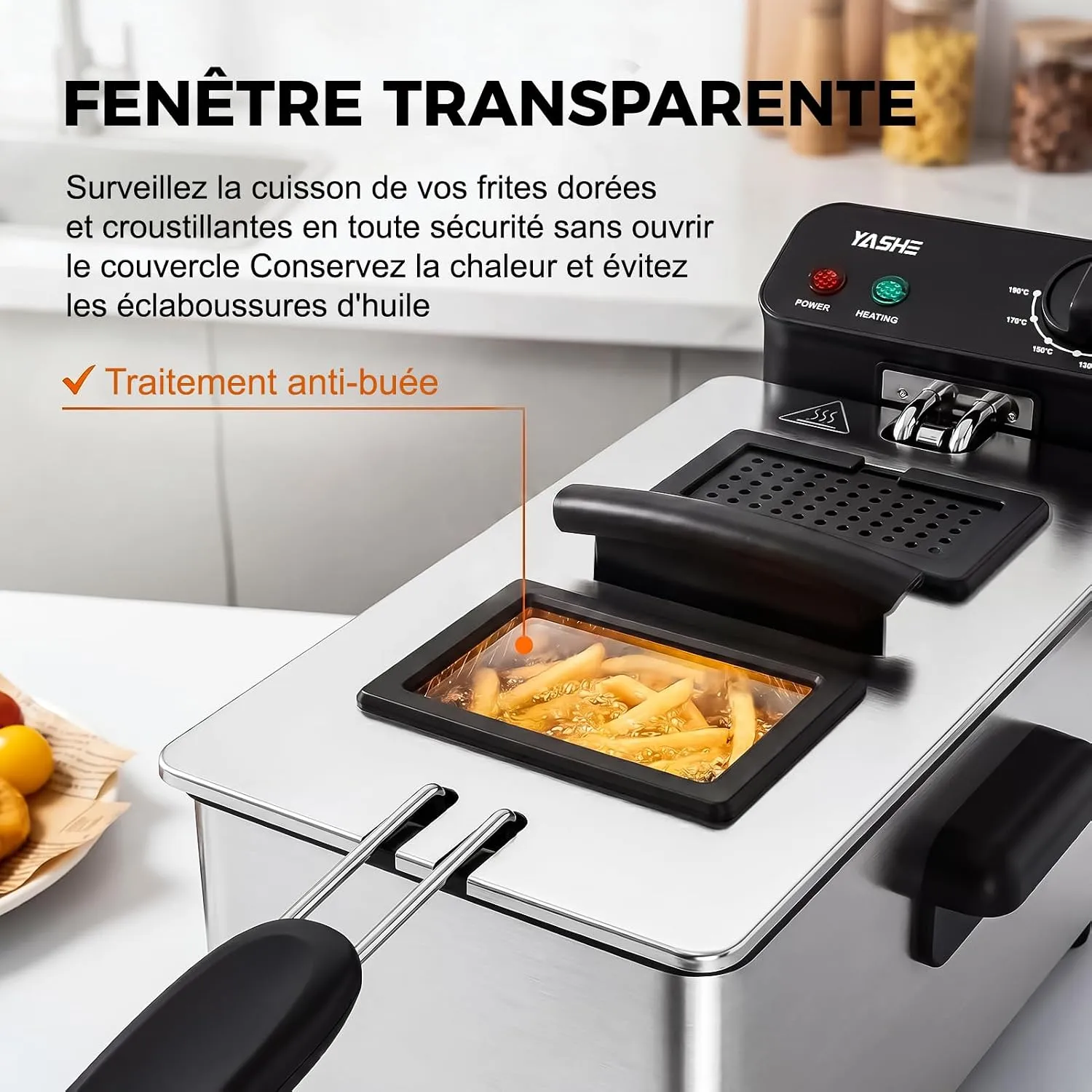 YASHE friteuse électrique 3,2 L 1500 W inox réglable