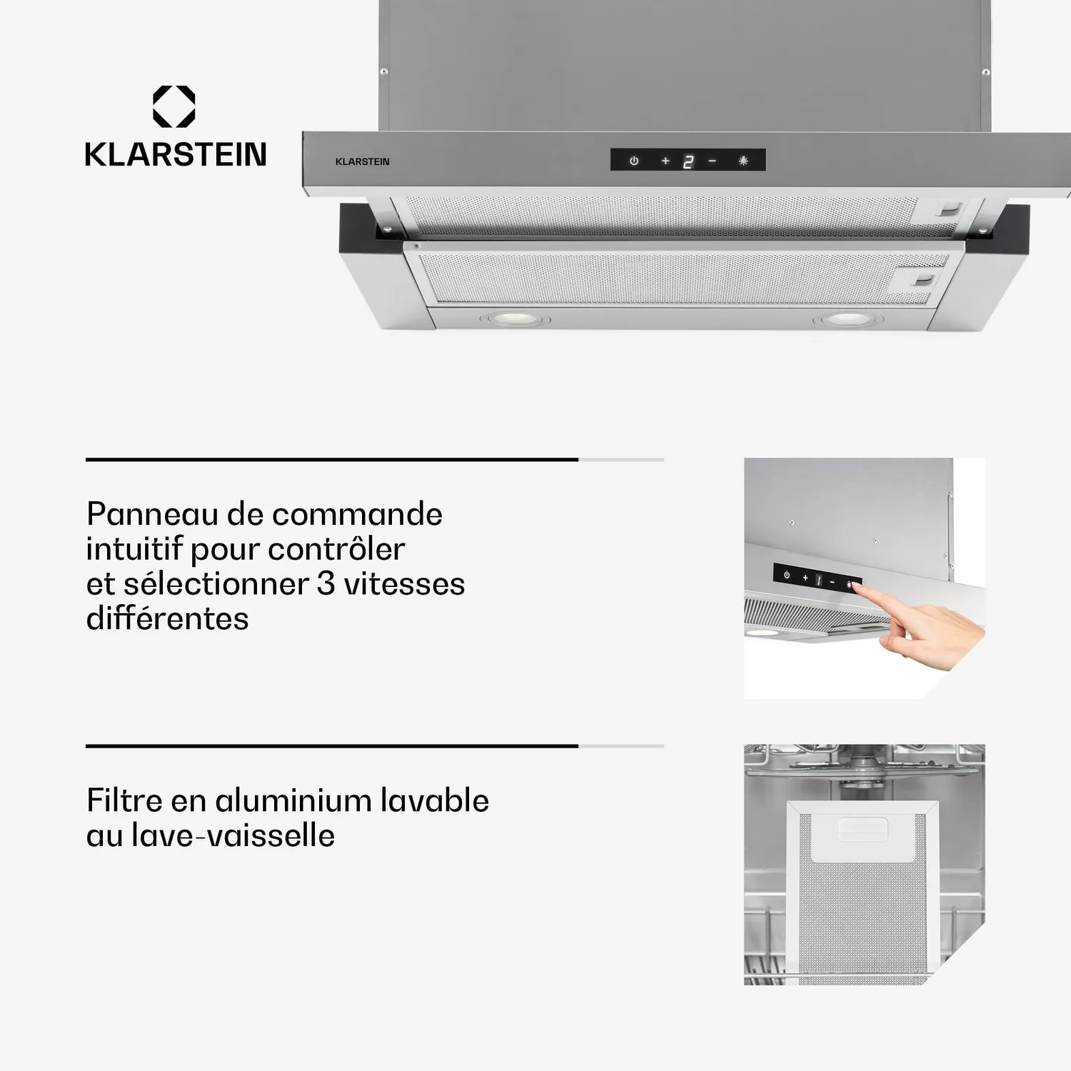 Klarstein Vinea hotte tiroir 60 cm argent 610 m3/h