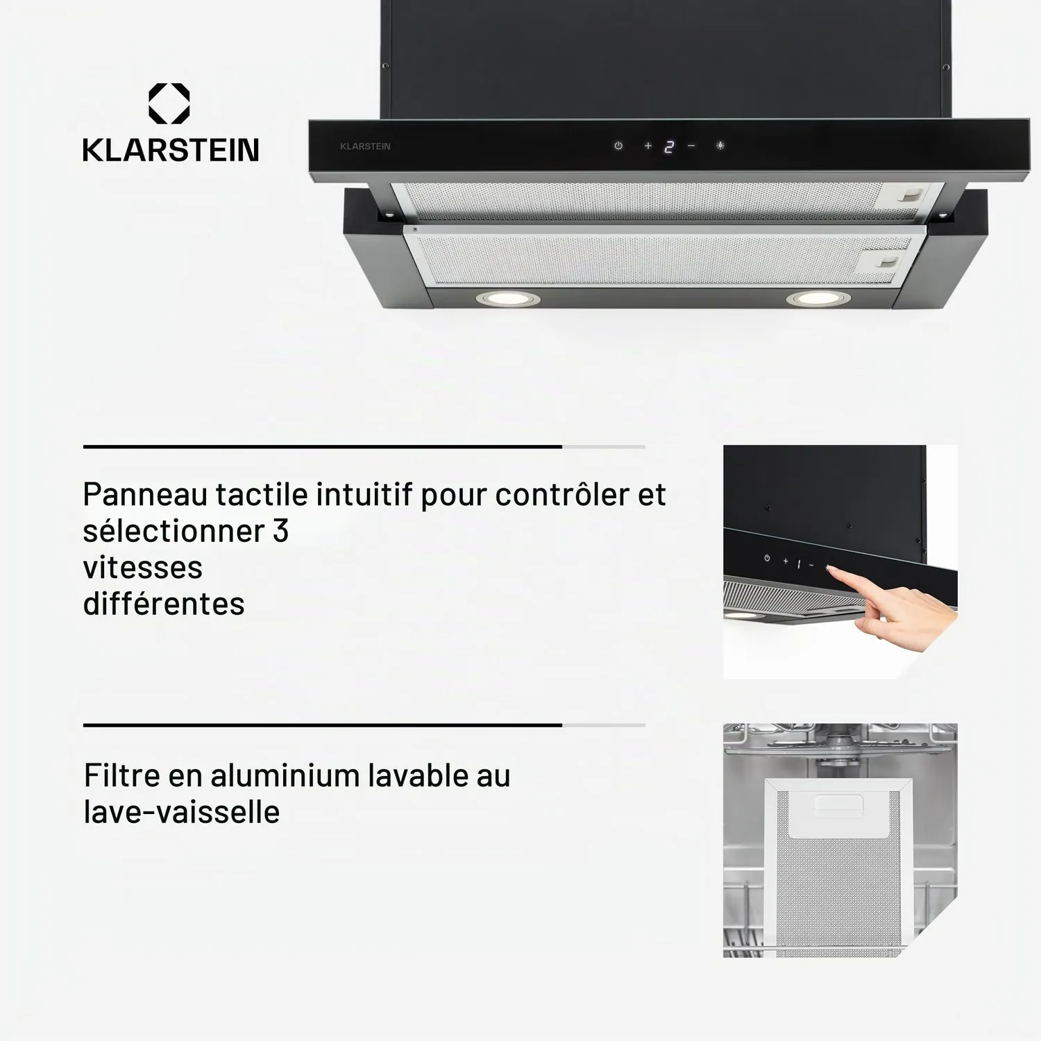 Klarstein Vinea hotte tiroir noire 610 m3/h extra-plate