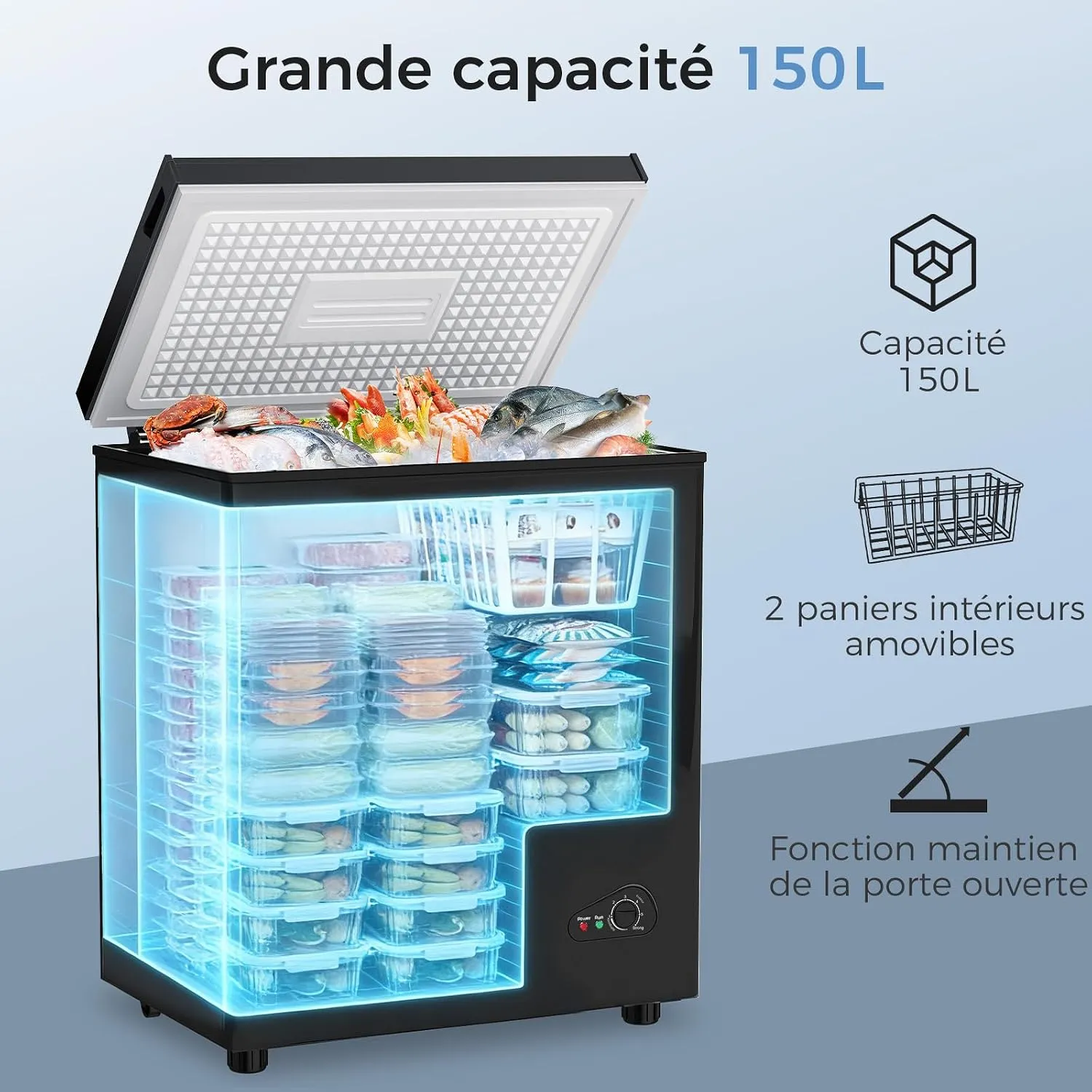 YASHE Congélateur Coffre 150L Noir 45dB 6 Niveaux