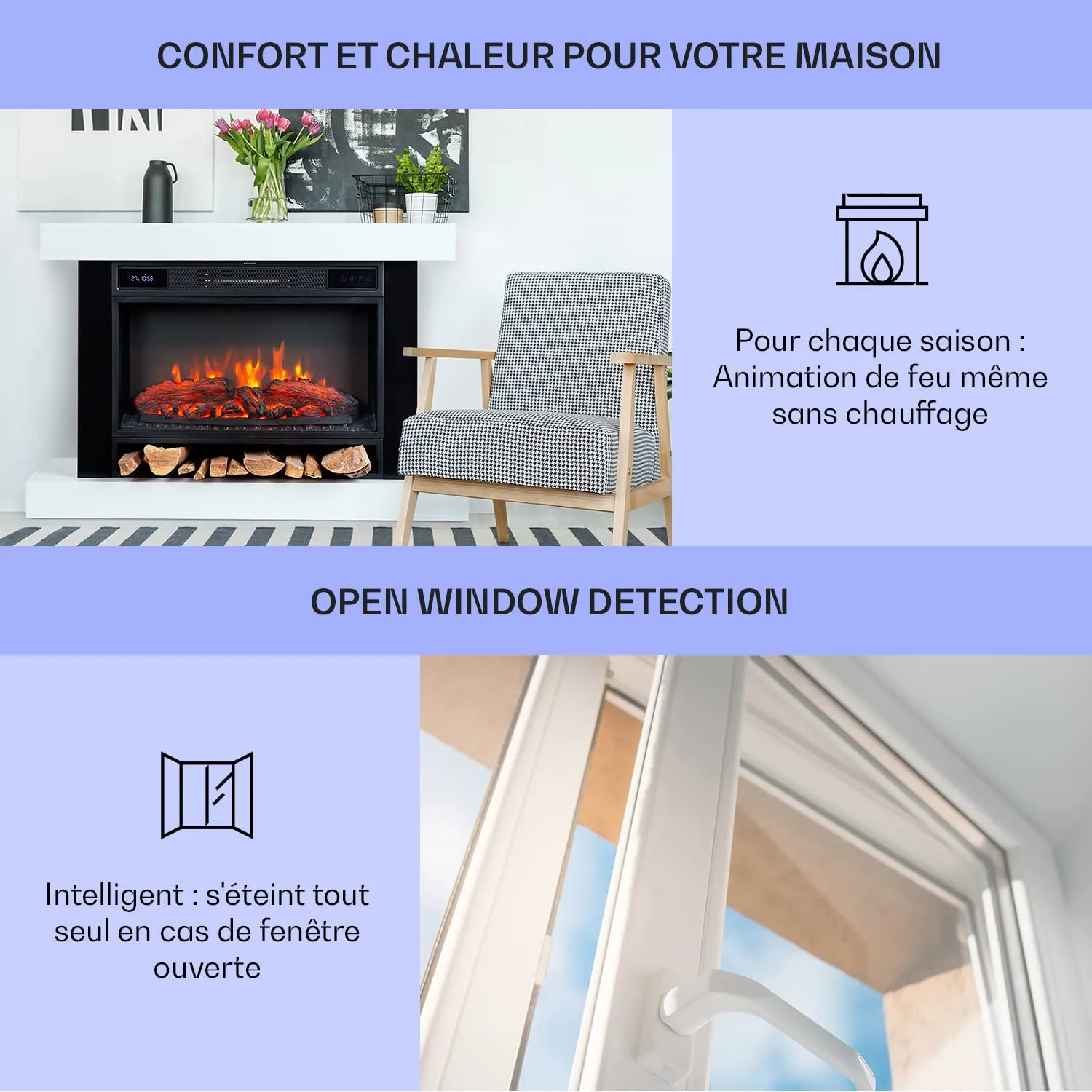 Klarstein cheminée électrique 1900 W effet flamme LED