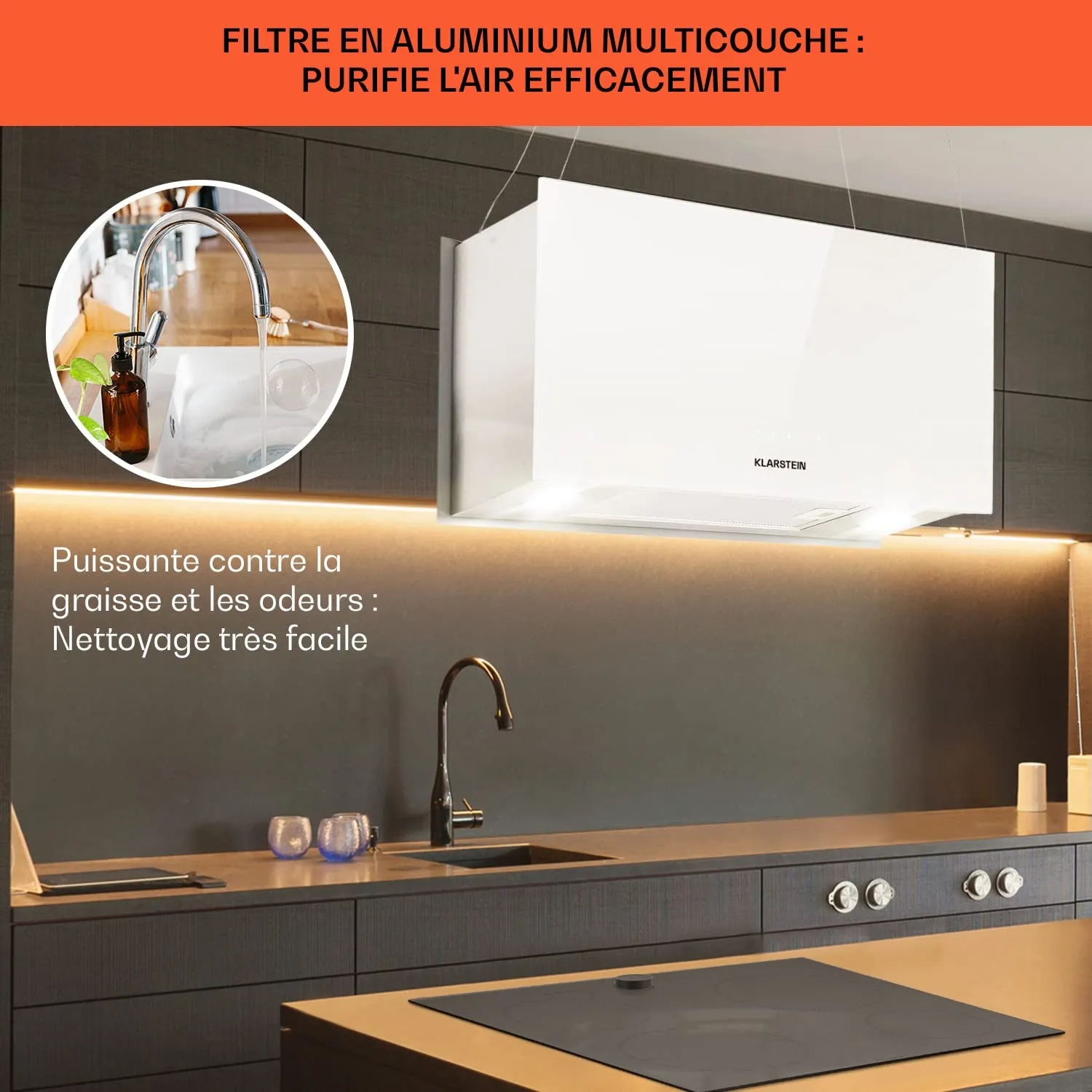 Klarstein hotte îlot suspendue recyclage 577 m³/h
