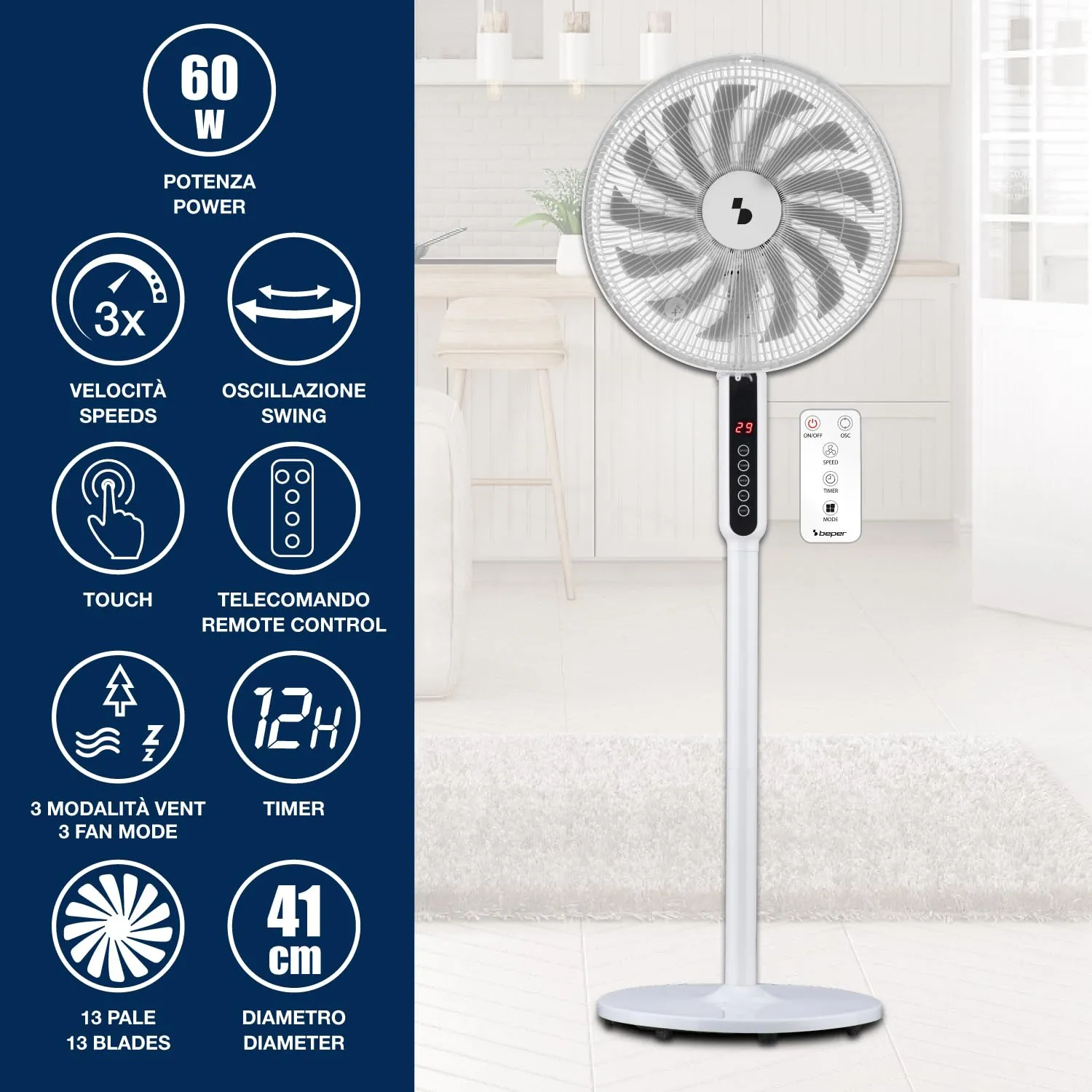 Beper P206VEN154 ventilateur sur pied 41 cm télécommande