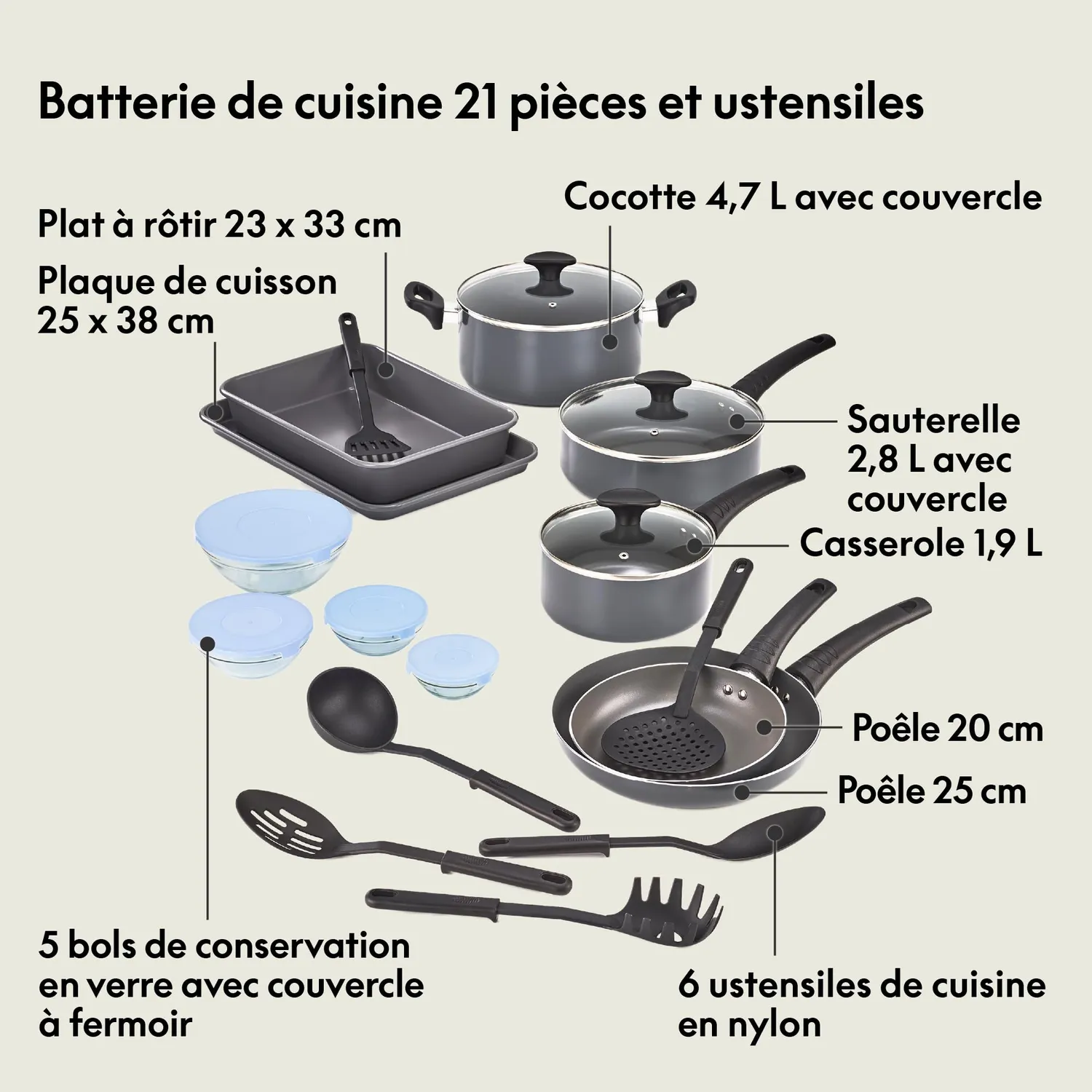 La Bella batterie de cuisine 21 pièces antiadhésive noire