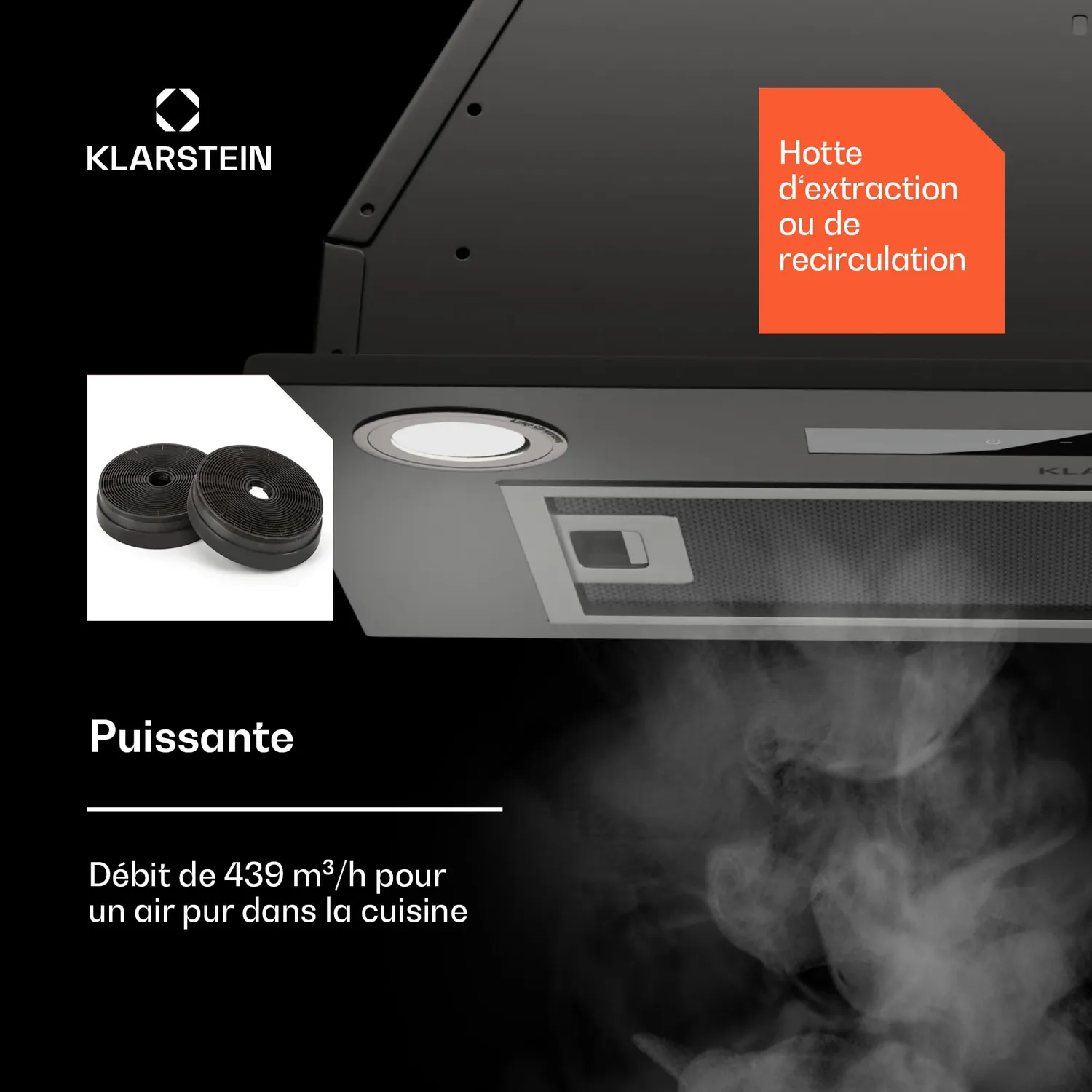 Klarstein hotte encastrable 52 cm inox 439 m³/h tactile
