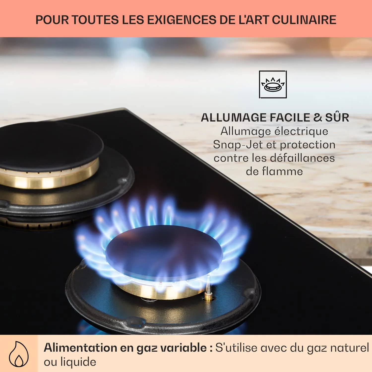 Klarstein plaque de cuisson gaz 5 feux 90 cm verre noir