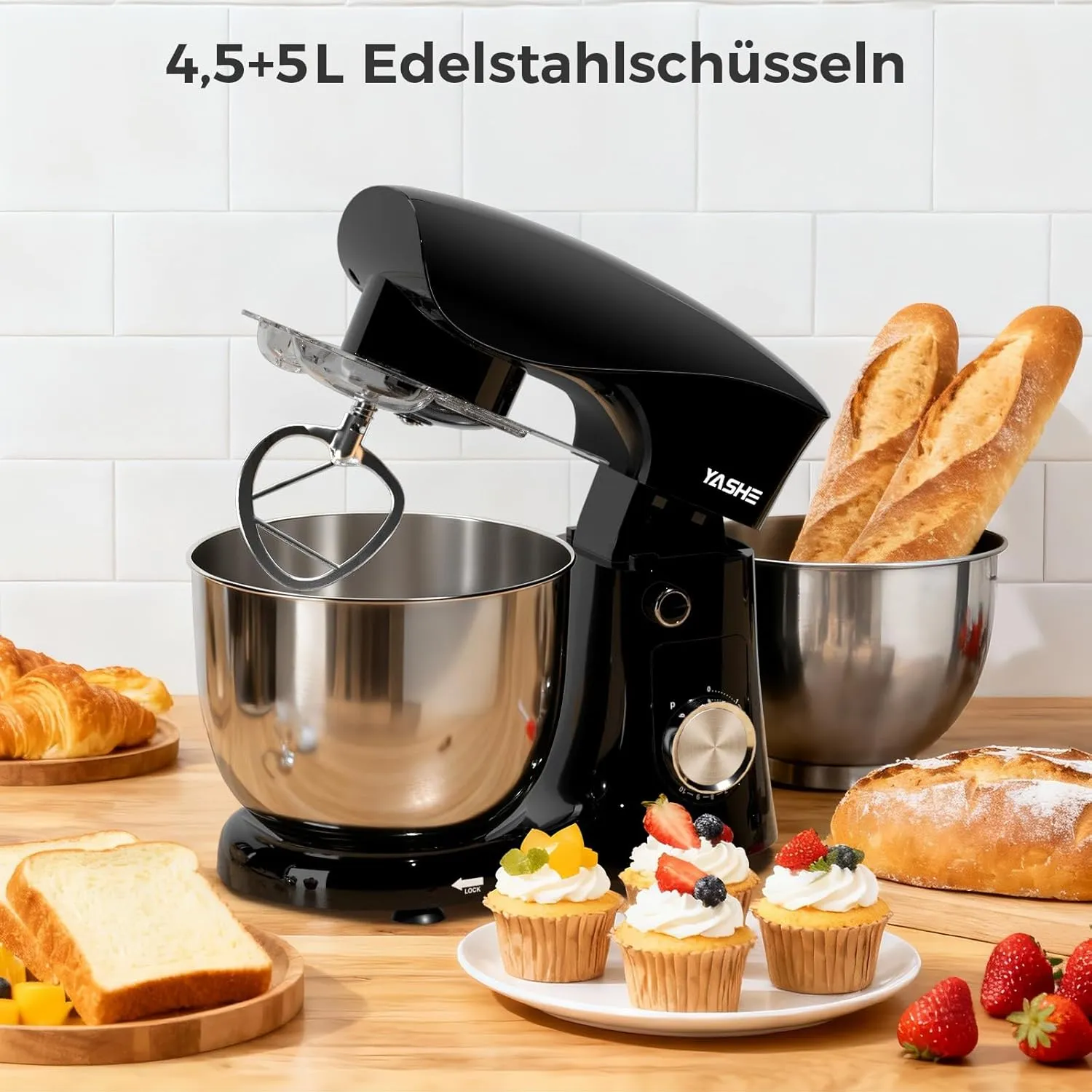 YASHE Robot Pâtissier 1500W 4,5L+5L Double Bol Inox