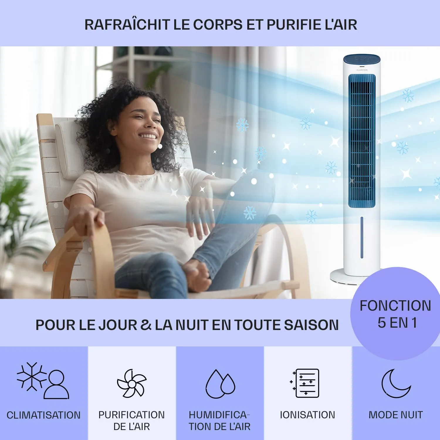 Klarstein rafraîchisseur air mobile 5-en-1 50W 360 m3/h noir