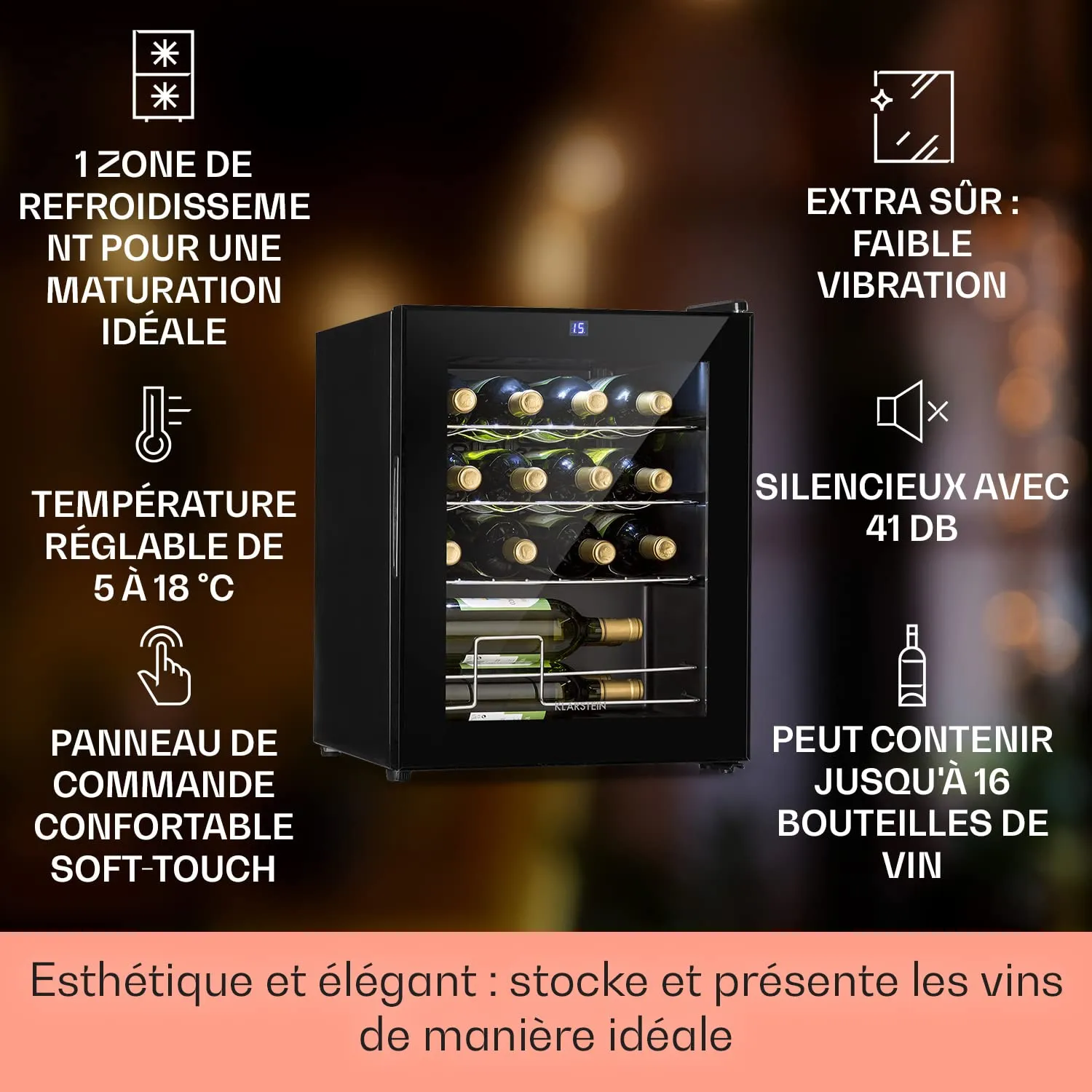 Klarstein Shiraz cave à vin 16 bouteilles 42 L noir