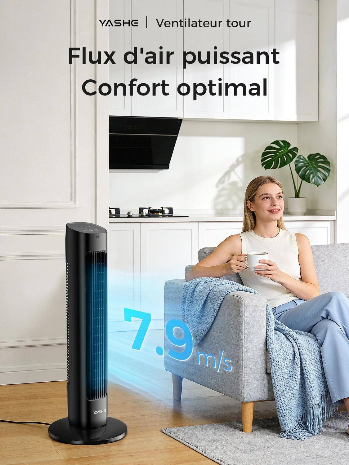 YASHE Ventilateur Tour Oscillant 78cm Turbo 3 Vitesses Télécommande