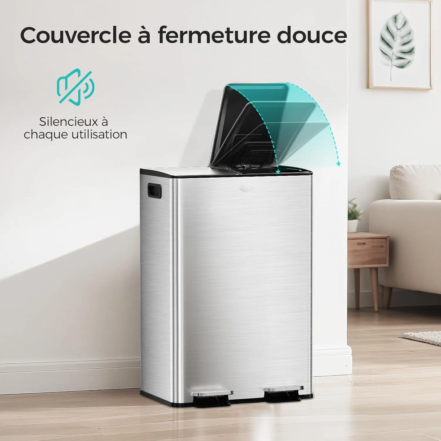 YASHE poubelle double 2x30 L inox anti-traces pédale