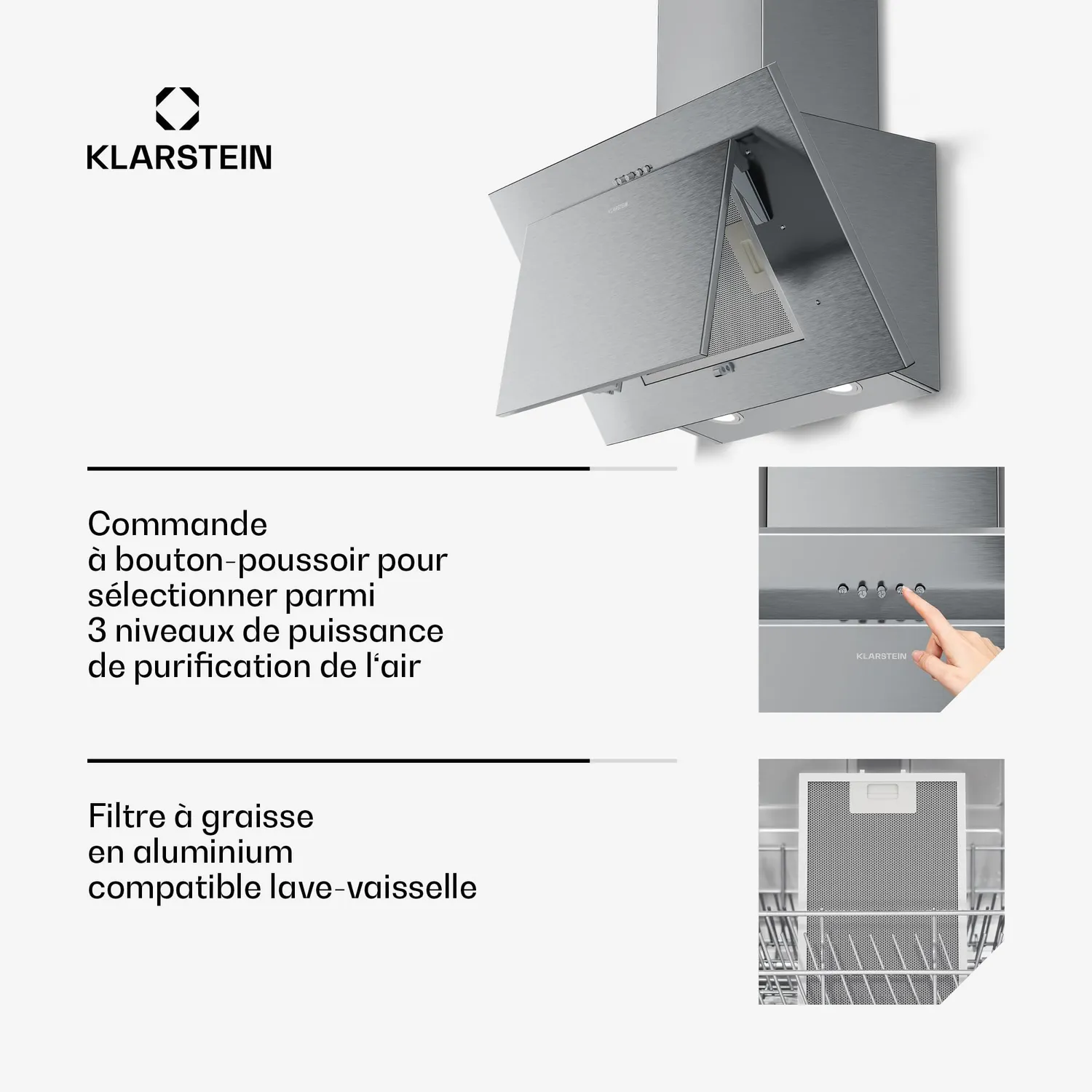 Klarstein Athena hotte inclinée 60 cm inox 254 m³/h