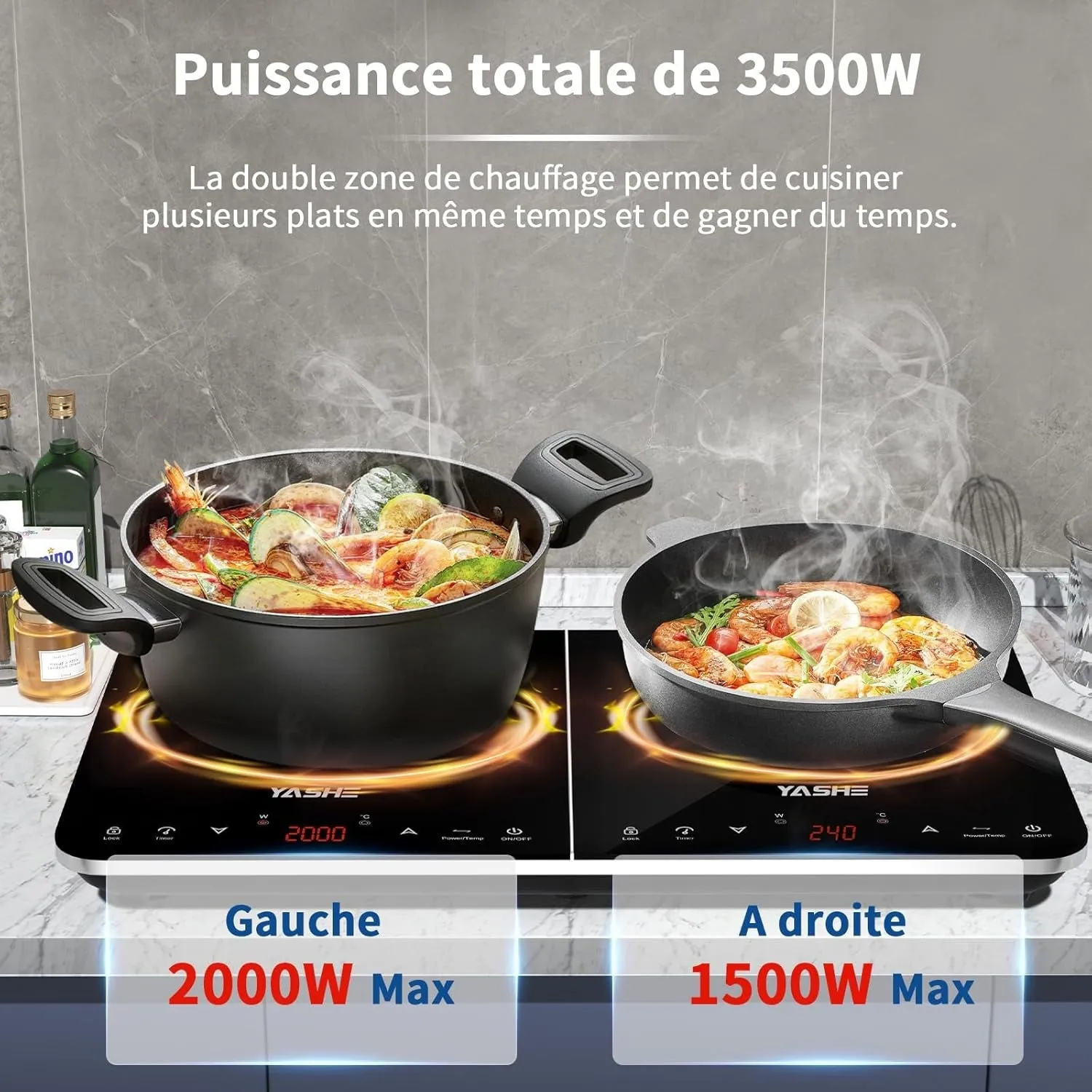 YASHE Plaque Induction Double 3500W 10 Niveaux Portable