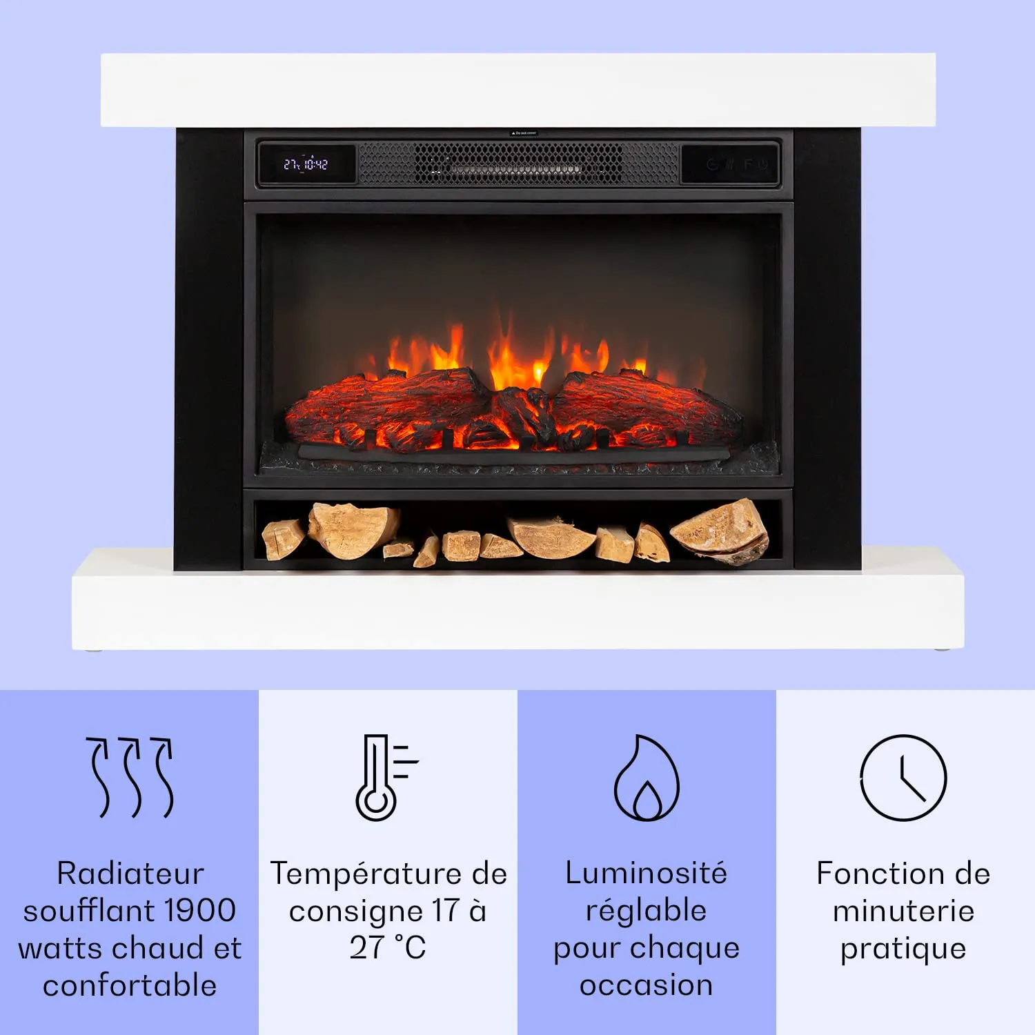 Klarstein cheminée électrique 1900 W effet flamme LED