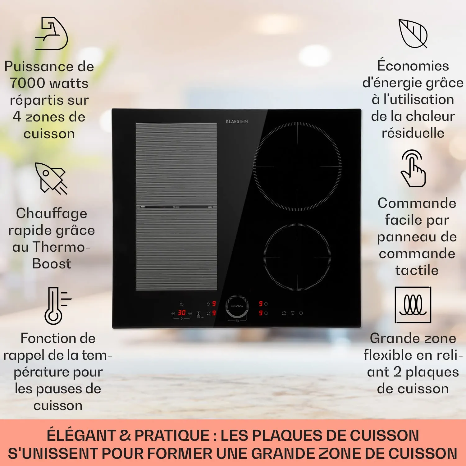 Klarstein plaque induction 4 feux 7000 W 60 cm noire