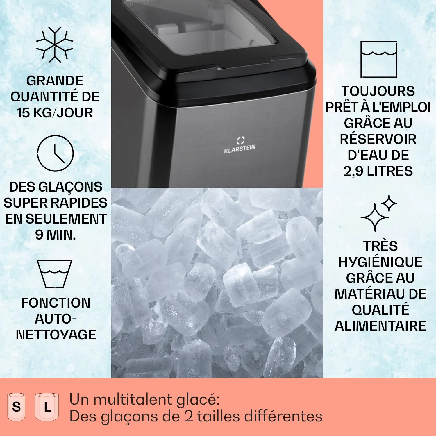 Klarstein Machine à Glaçons 2,9 L 15 kg/jour 2 Tailles Inox