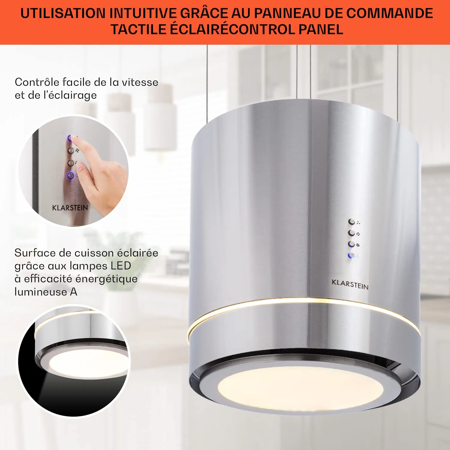 Klarstein hotte îlot suspendue noir 595 m3/h avec filtres