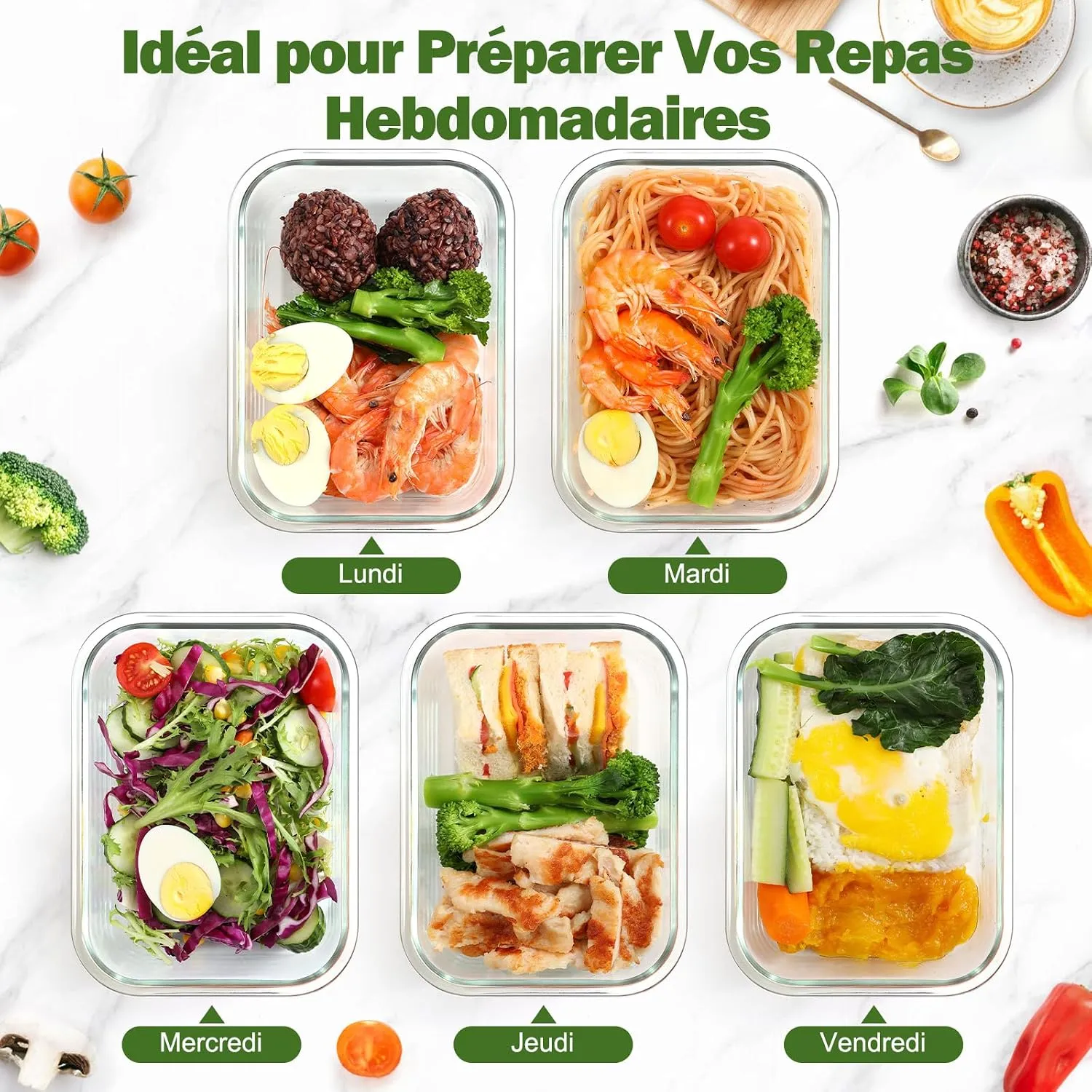 YASHE lot 5 lunch box verre 1040ml gris hermétique