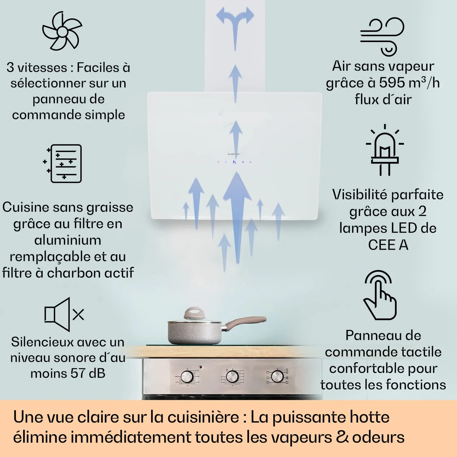 Klarstein Hotte Inclinée 60 cm Blanche 641 m³/h LED Tactile