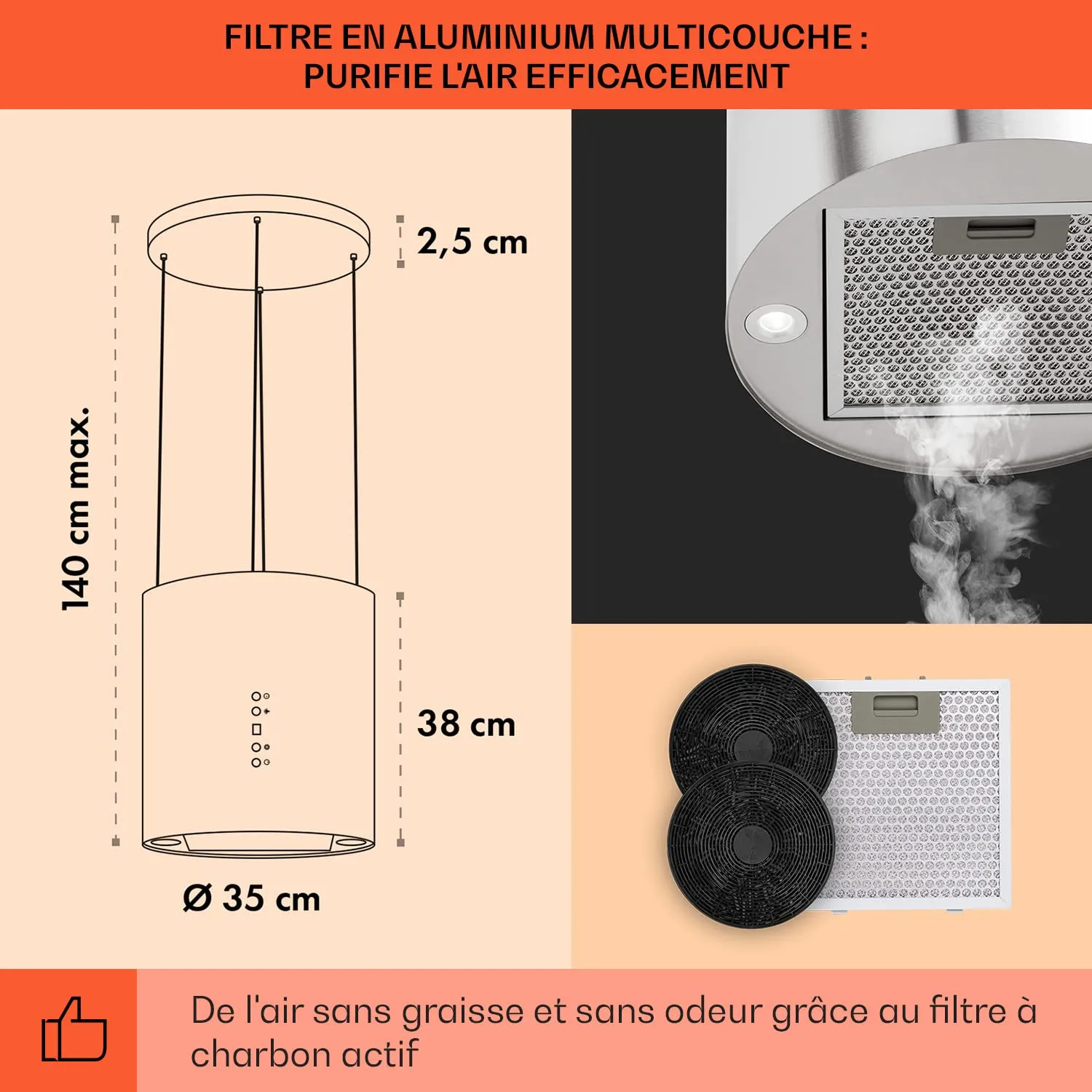 Klarstein Hotte Îlot Argent 522m³/h Recyclage