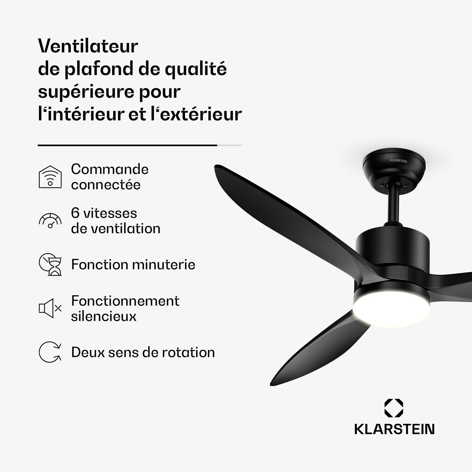 Klarstein SkyBreeze ventilateur plafond 132cm noir