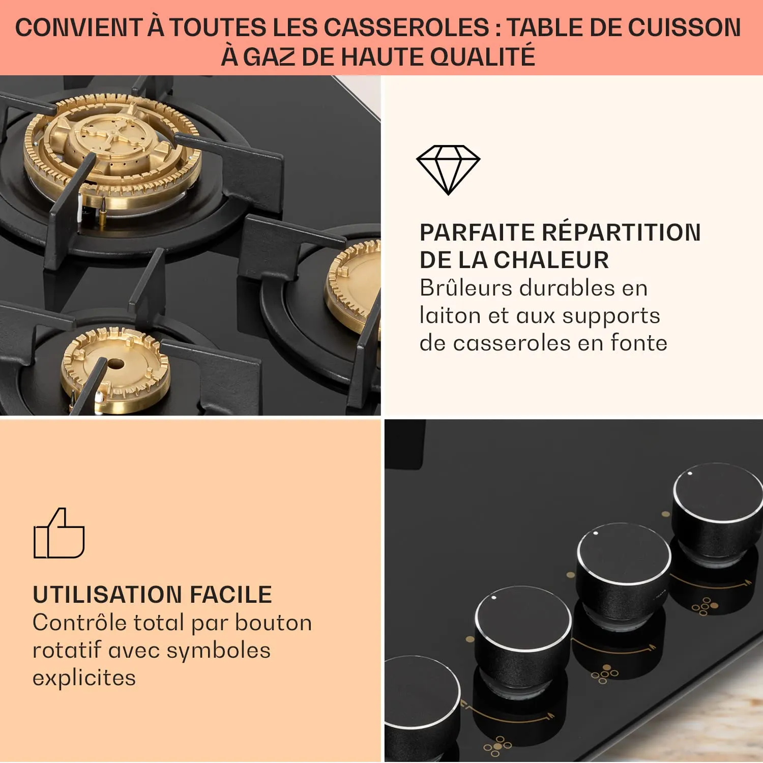 Klarstein plaque de cuisson gaz 5 feux 90 cm verre noir