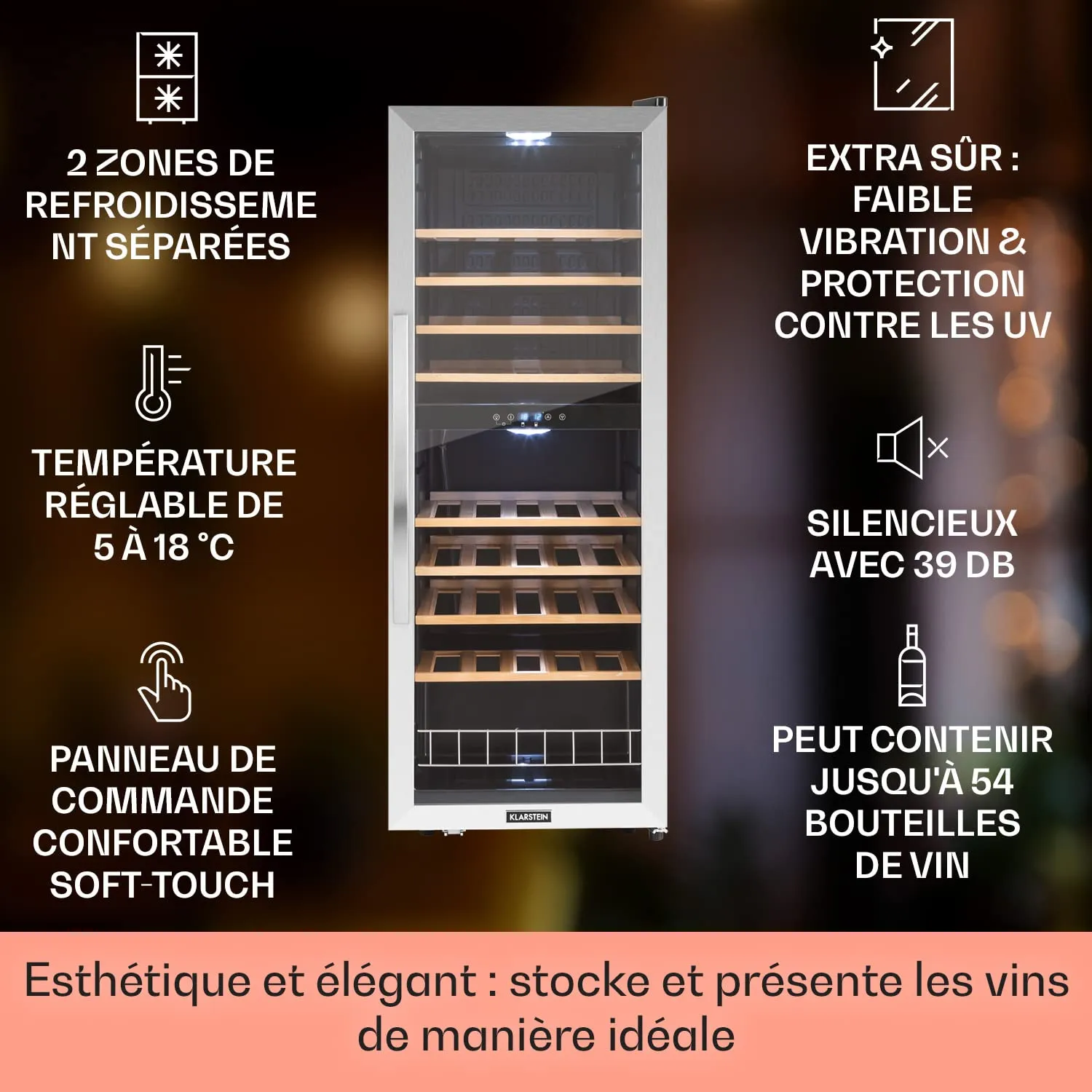 Klarstein Barossa cave à vin 54 bouteilles Argenté/Noir vitrée