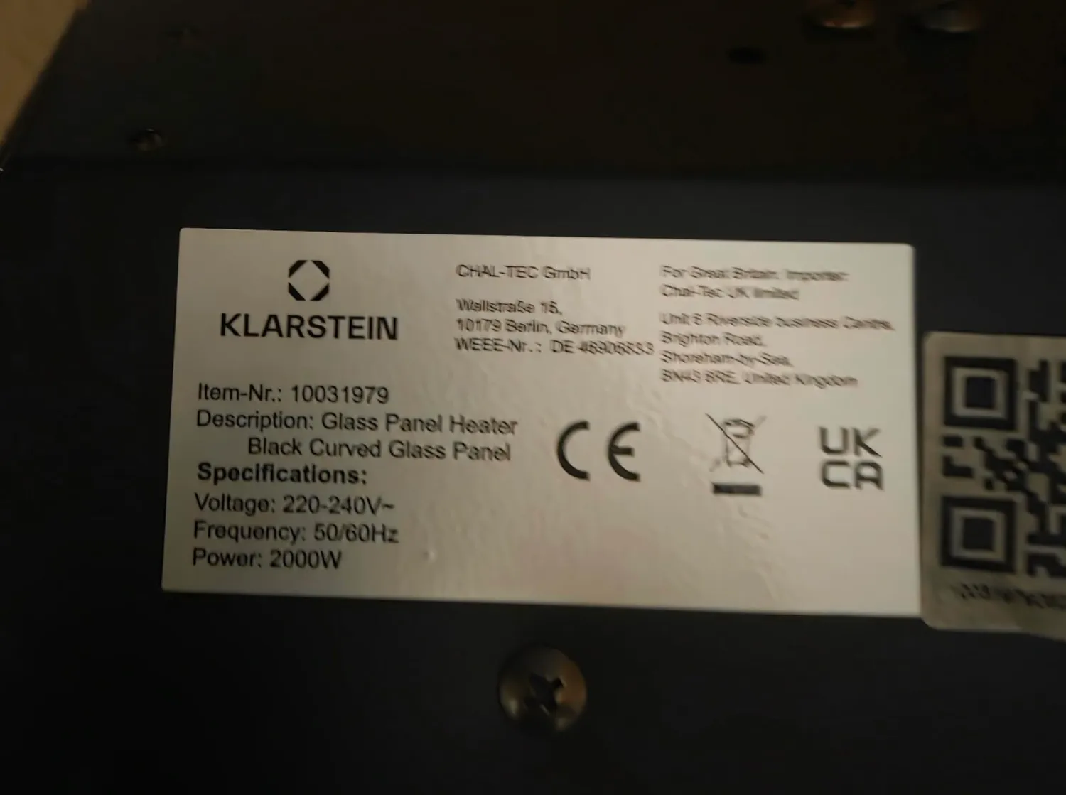 Klarstein Bornholm Curved convecteur 2000W verre noir