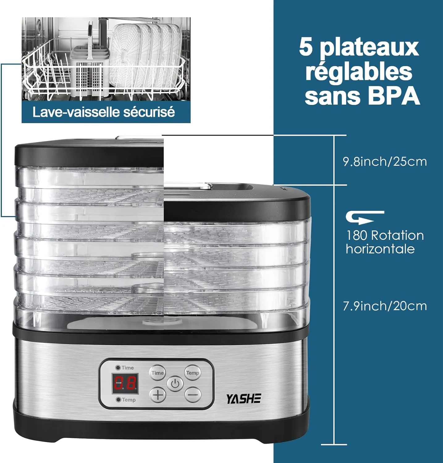 YASHE déshydrateur alimentaire 35-70°C 5 plateaux