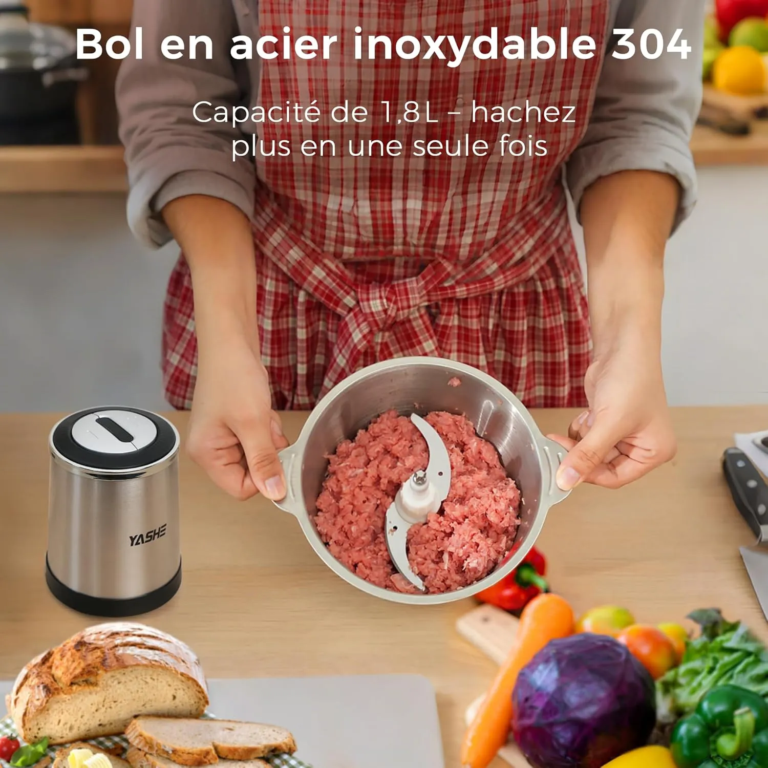 YASHE Hachoir Électrique 500W Bol Inox 1,8L