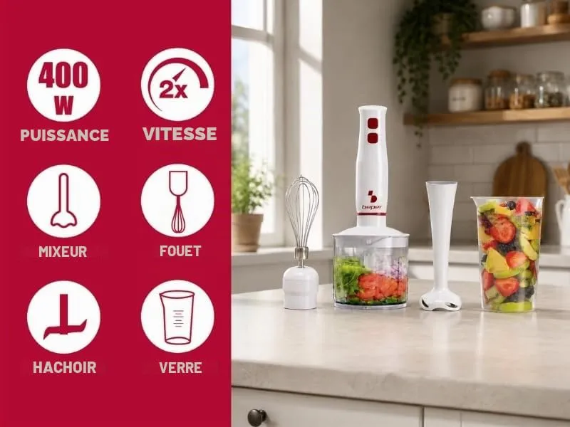 Beper P102FRU200 mixeur plongeant 400 W 4 en 1 blanc rouge