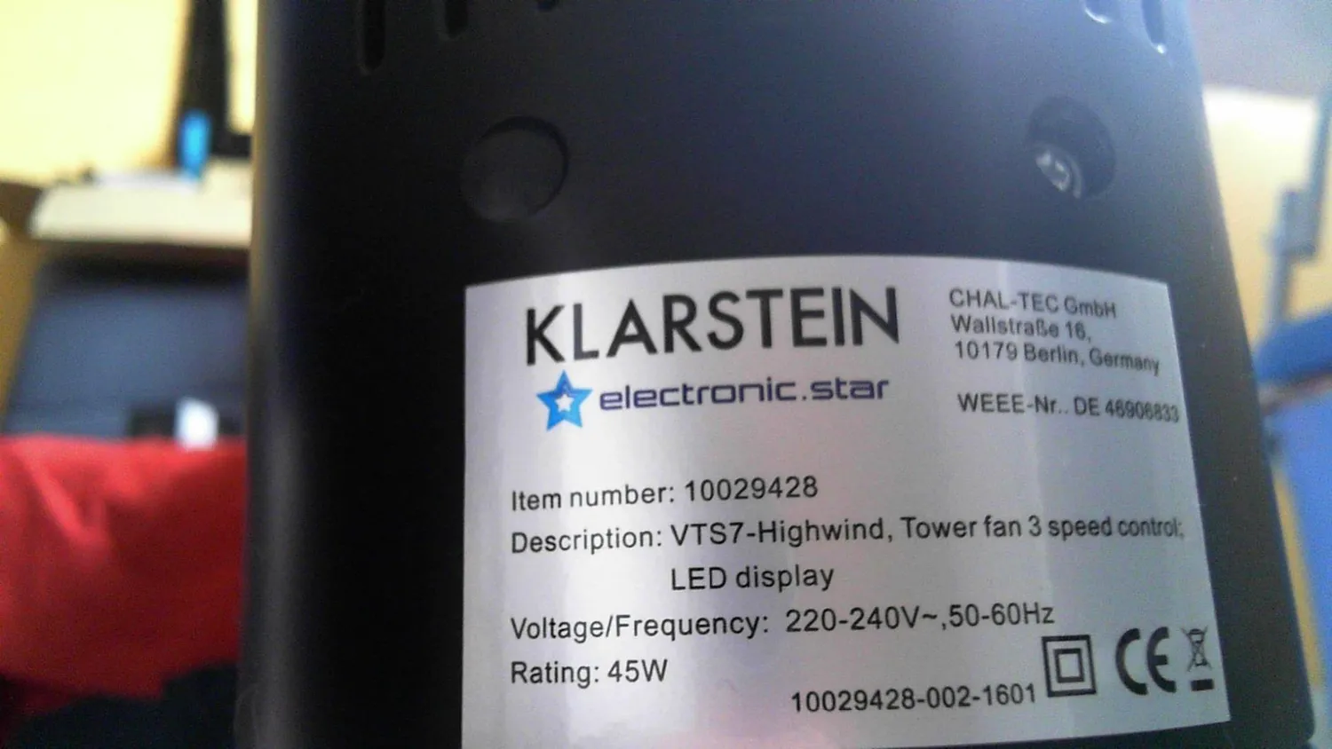 Klarstein Highwind ventilateur tour 50W anthracite 1650 m³/h