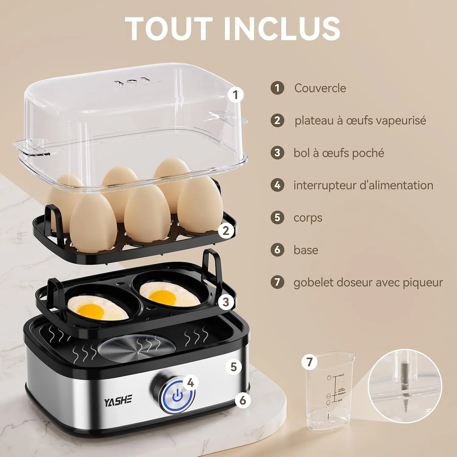 YASHE Cuiseur à Œufs Compact 400W 6 Œufs