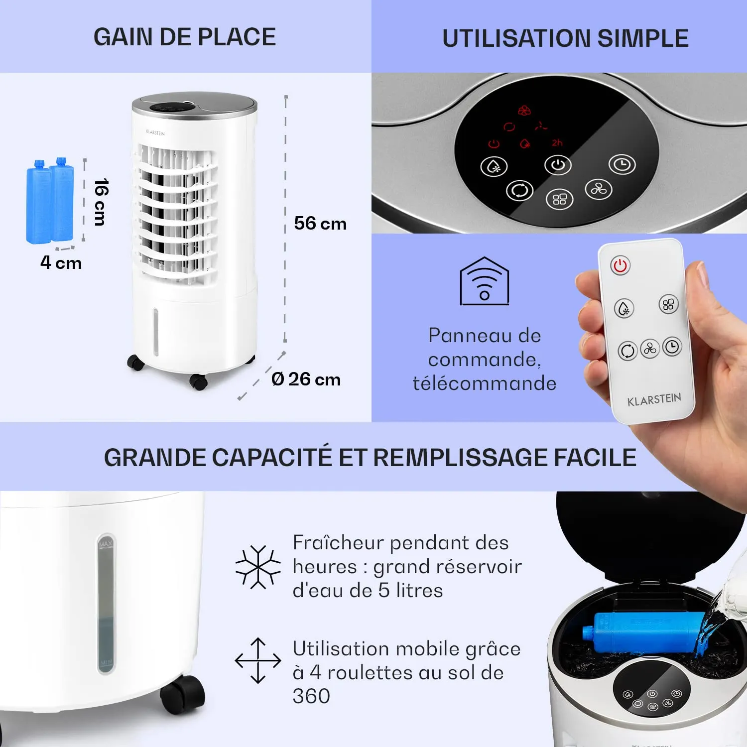 Klarstein Skypillar rafraîchisseur d'air 3 en 1 65W 5L