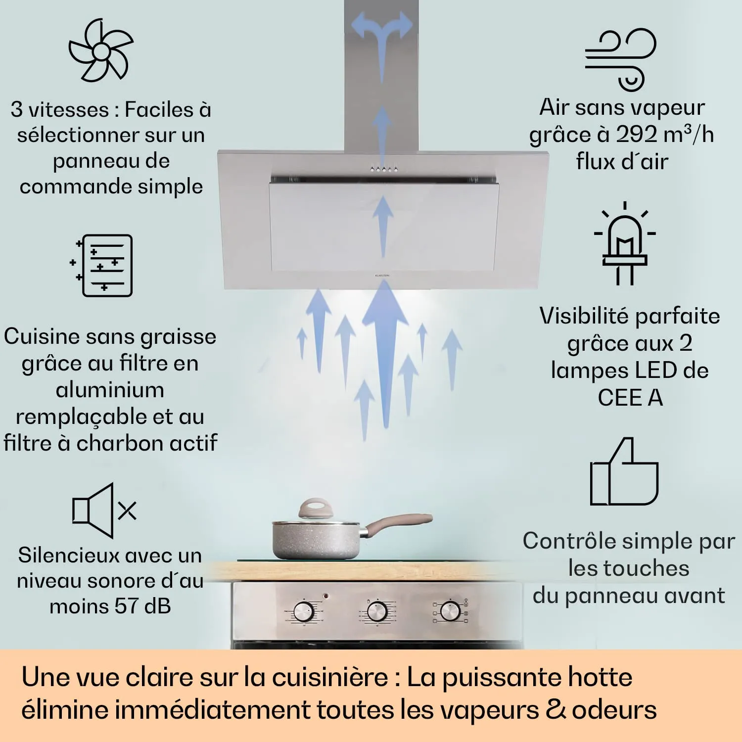 Klarstein Athena Hotte Inclinée 90 cm Argent Débit 292 m³/h