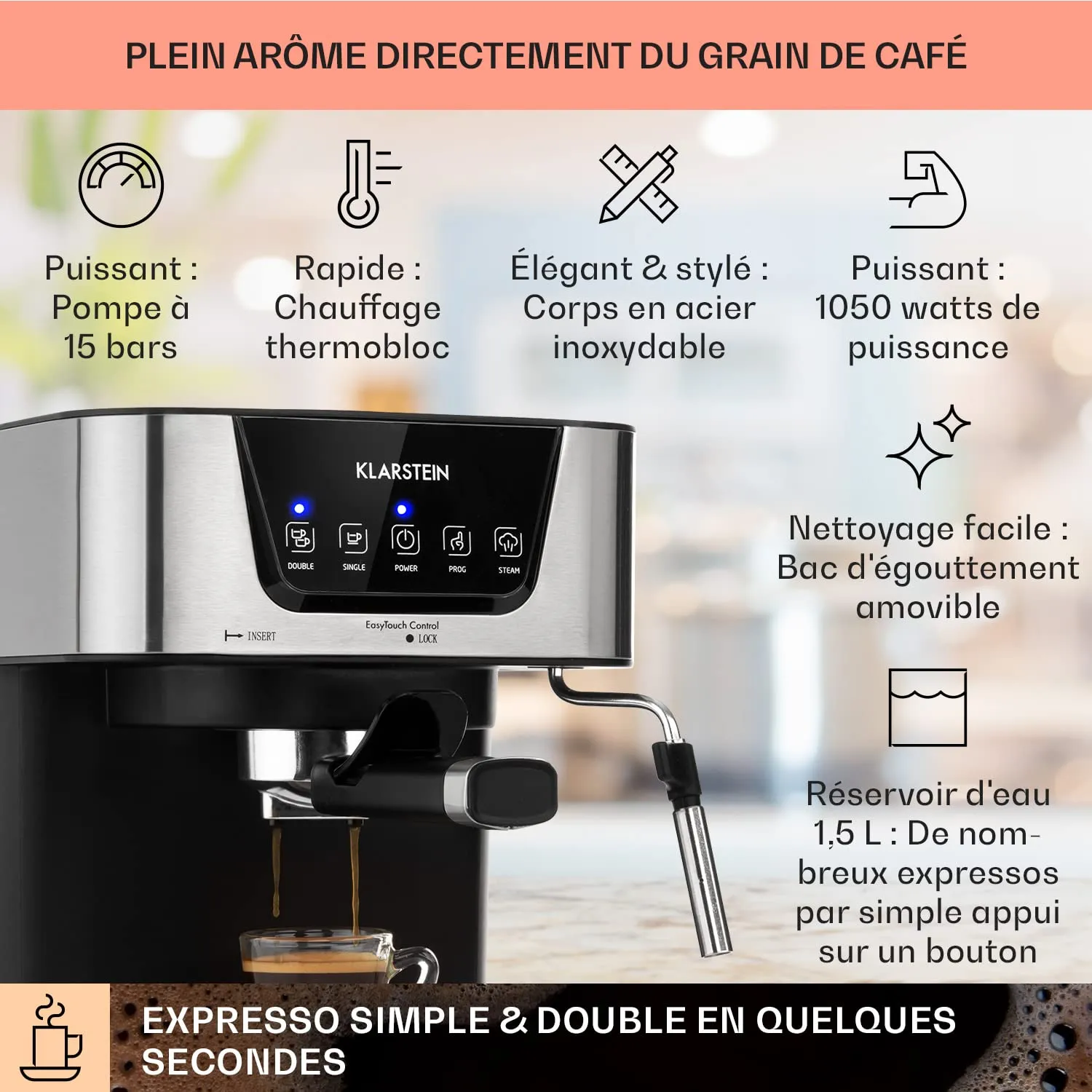 Klarstein machine expresso 15 bars 1,5 L inox 1050 W