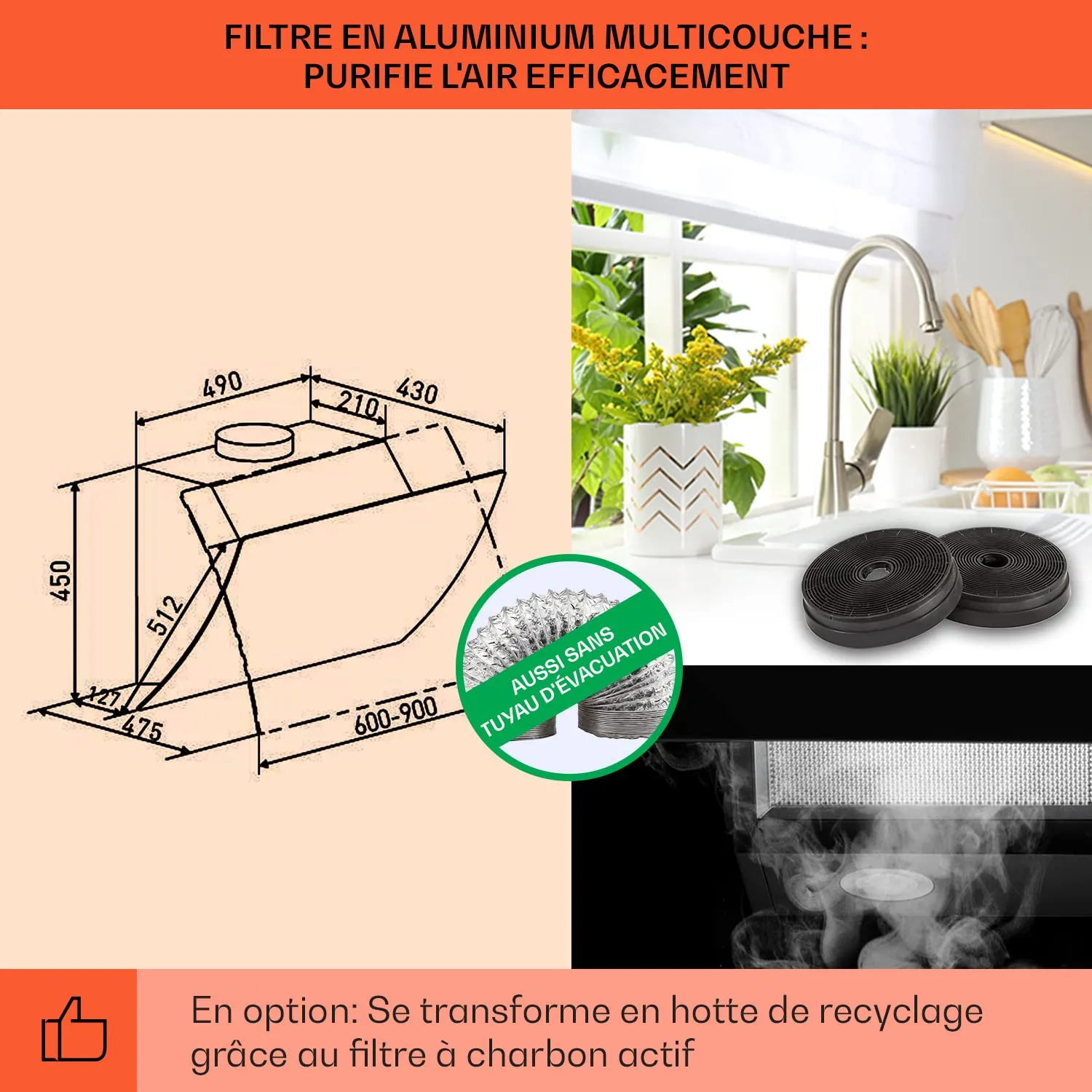 Klarstein hotte aspirante inclinée 60cm noir 595m³/h LED