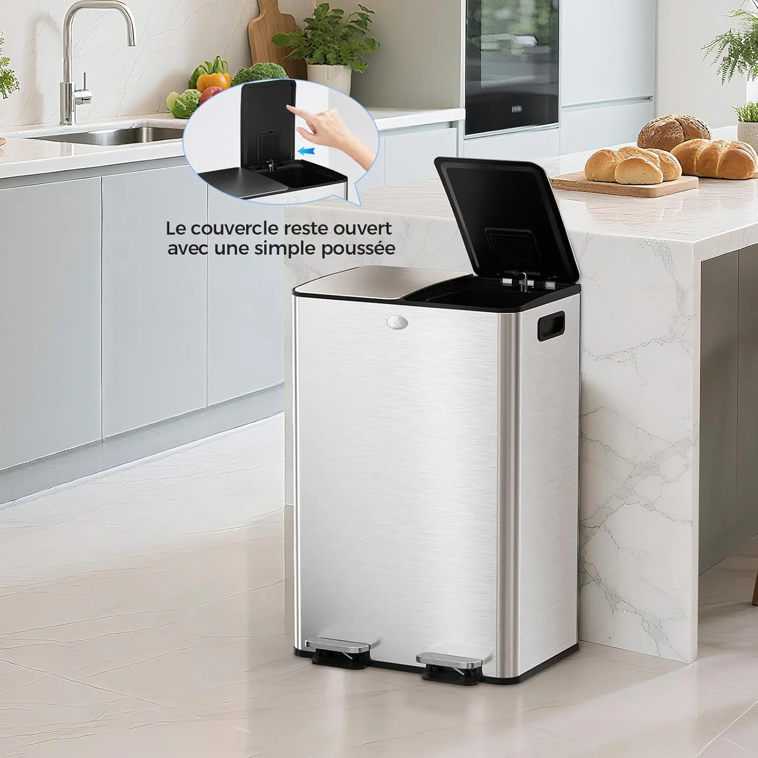YASHE poubelle double 2x30 L inox anti-traces pédale